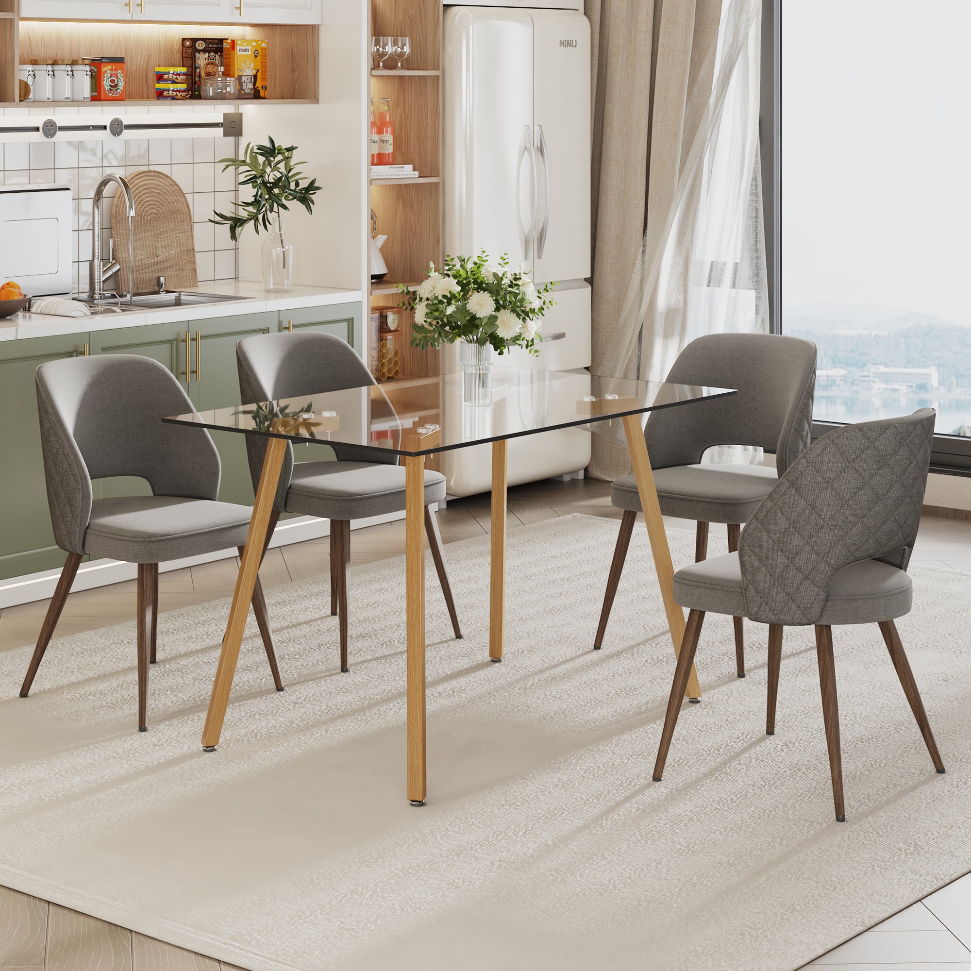 Dining Chair and Table Set- 4 Light Gray Wooden Colored Metal Leg+ 1 Glass Dining Table_2