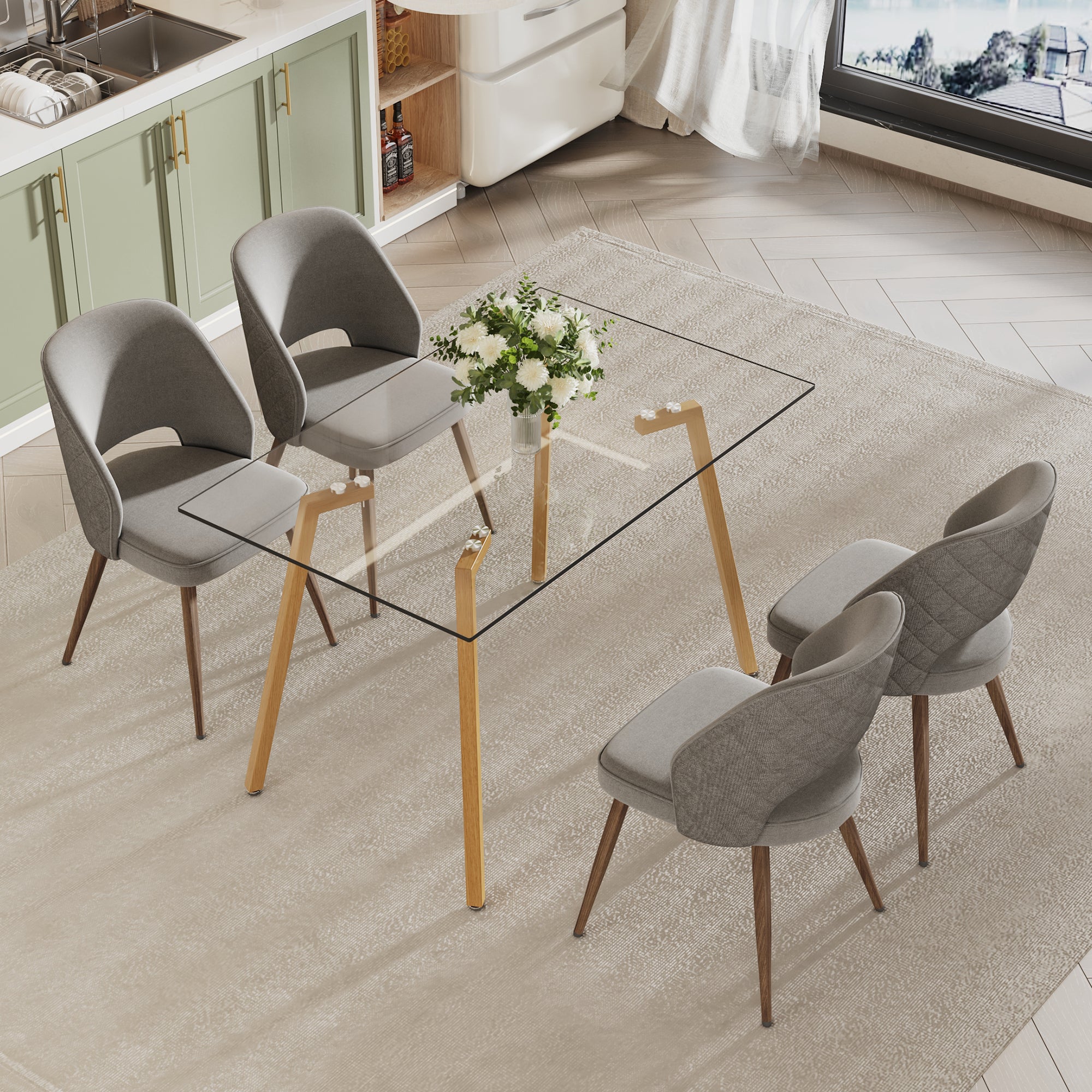 Dining Chair and Table Set- 4 Light Gray Wooden Colored Metal Leg+ 1 Glass Dining Table_4