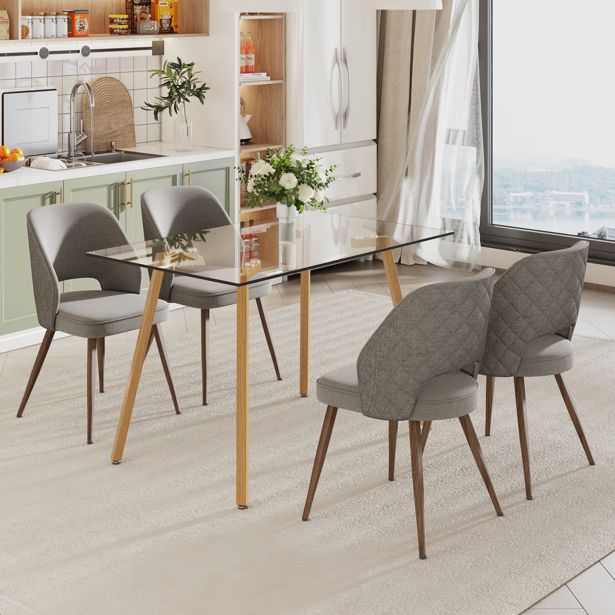 Dining Chair and Table Set- 4 Light Gray Wooden Colored Metal Leg+ 1 Glass Dining Table_3