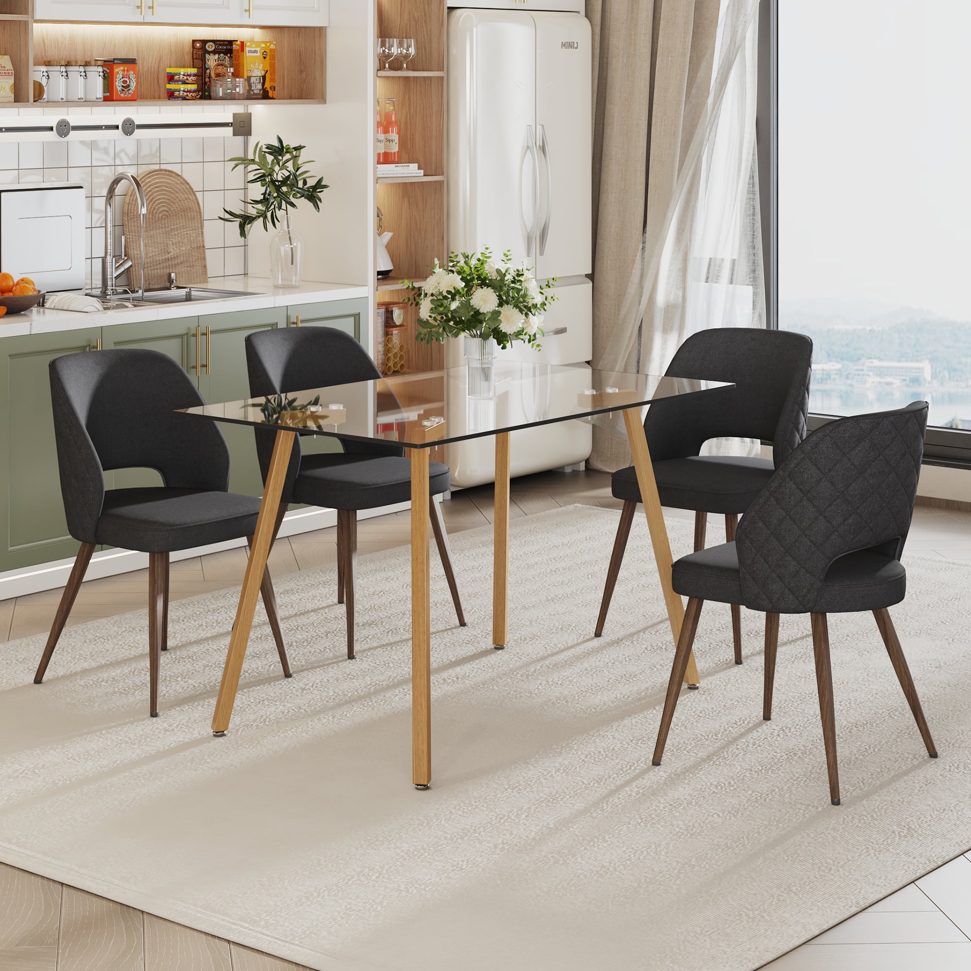 Dining Chair and Table Set- 4 Dark Gray Black Colored Metal Legs+ 1 Dining Table_1