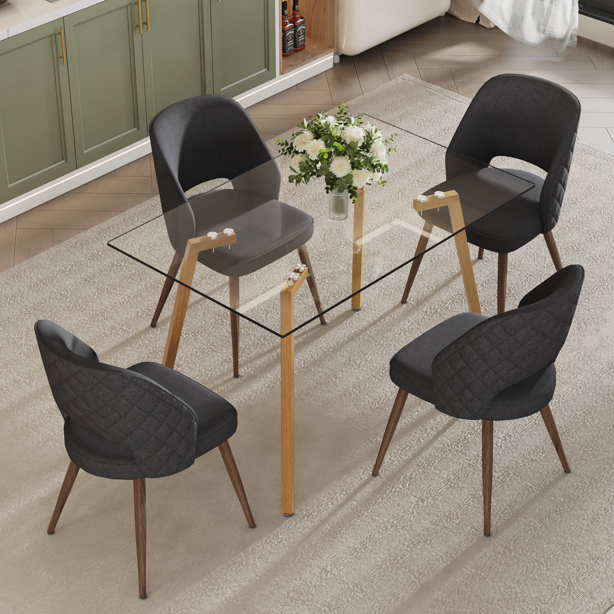 Dining Chair and Table Set- 4 Dark Gray Black Colored Metal Legs+ 1 Dining Table_4