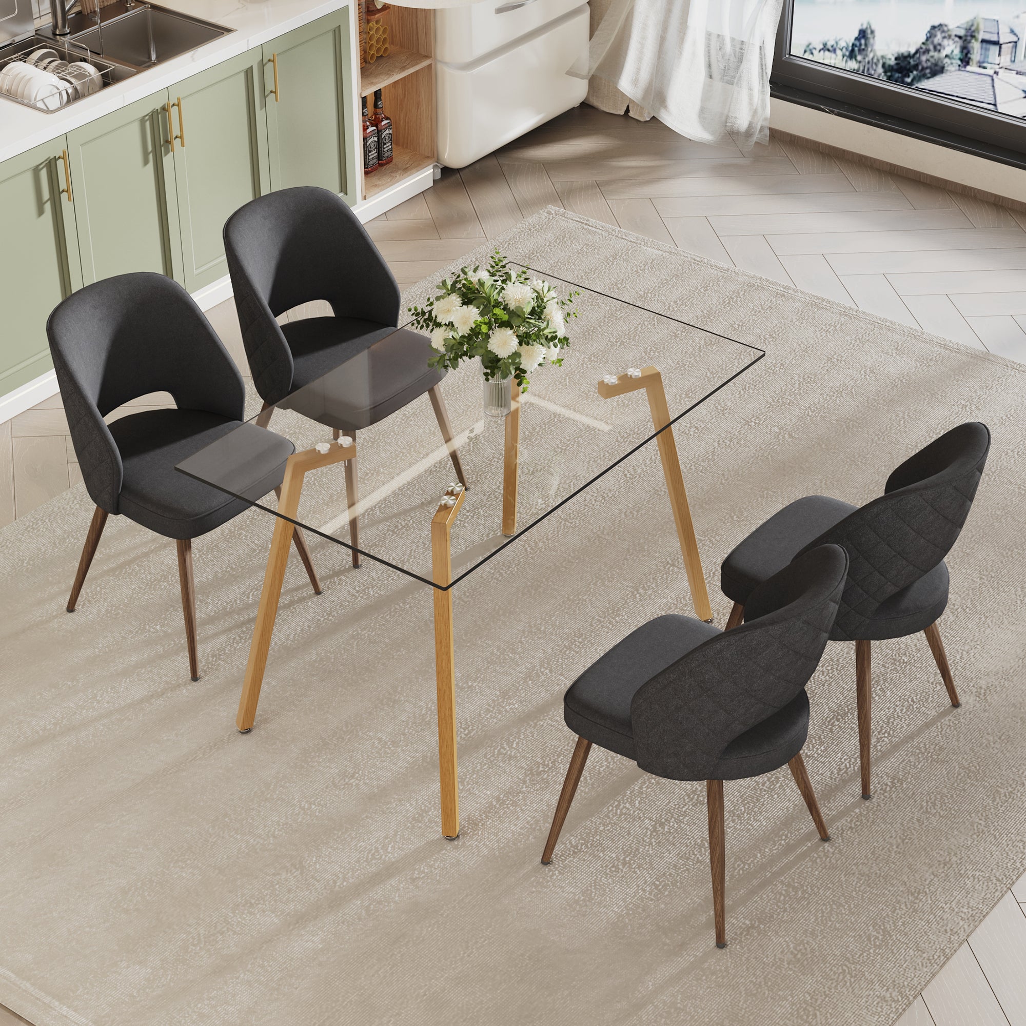 Dining Chair and Table Set- 4 Dark Gray Black Colored Metal Legs+ 1 Dining Table_2