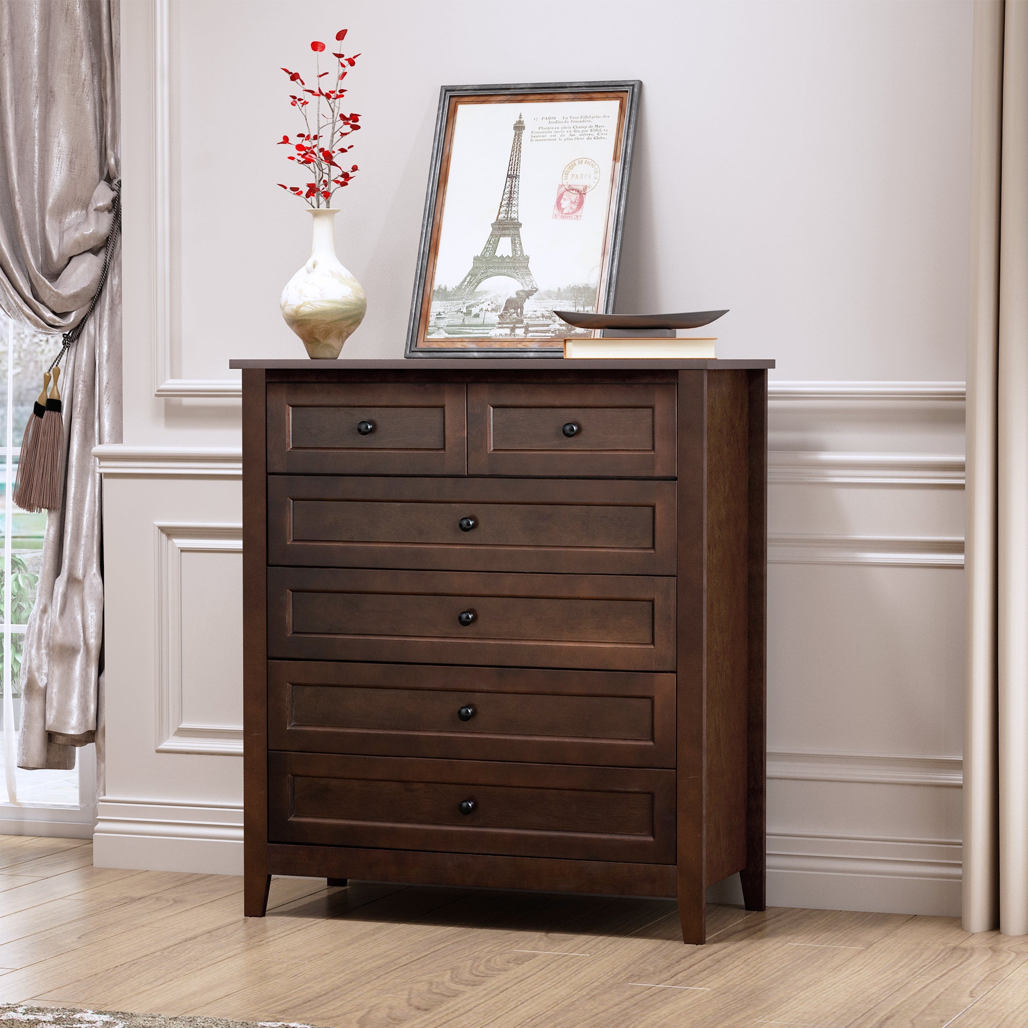 2 Small+4 Large Drawers Solid Wood Free Standing Dresser for Bedroom- Auburn_3