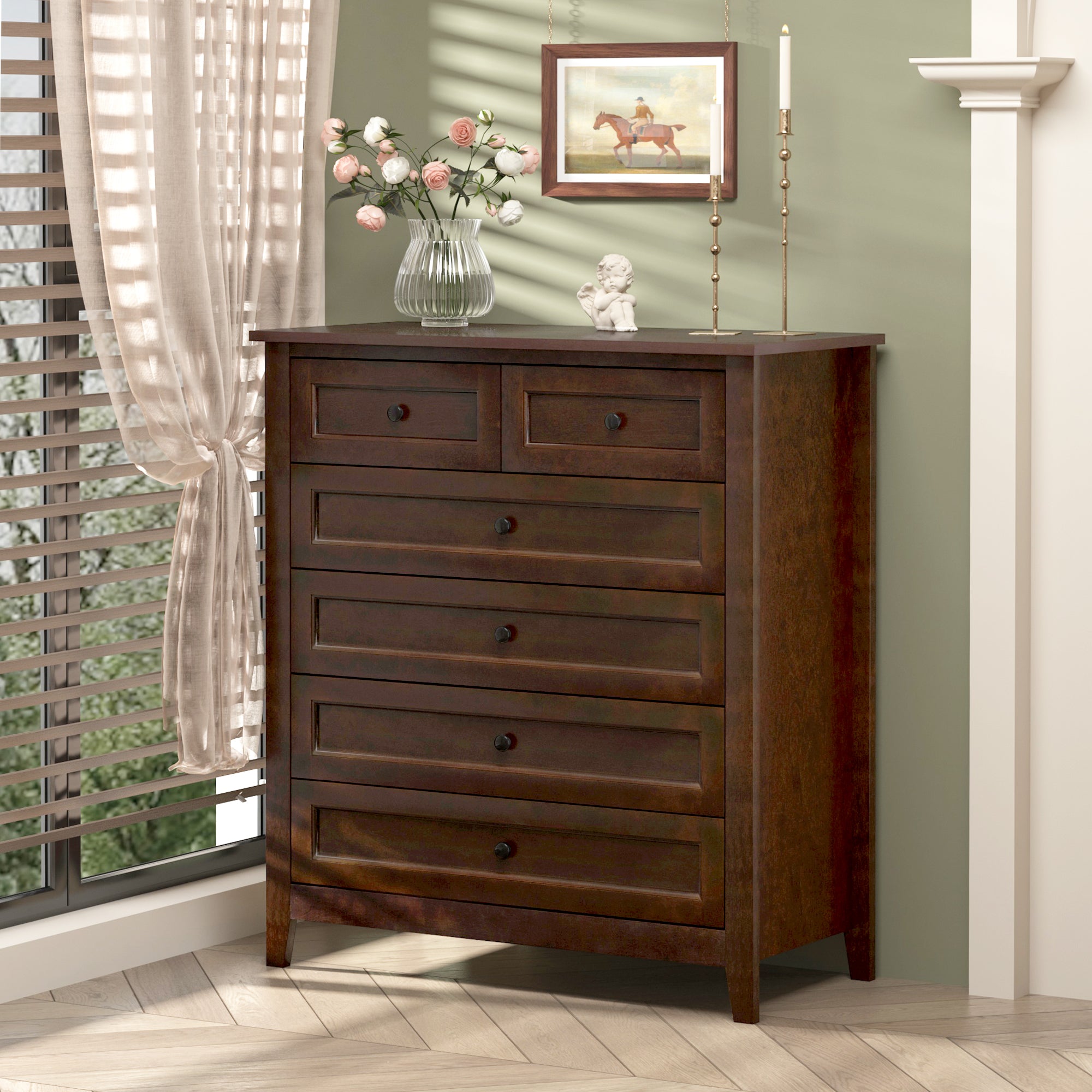 2 Small+4 Large Drawers Solid Wood Free Standing Dresser for Bedroom- Auburn_1