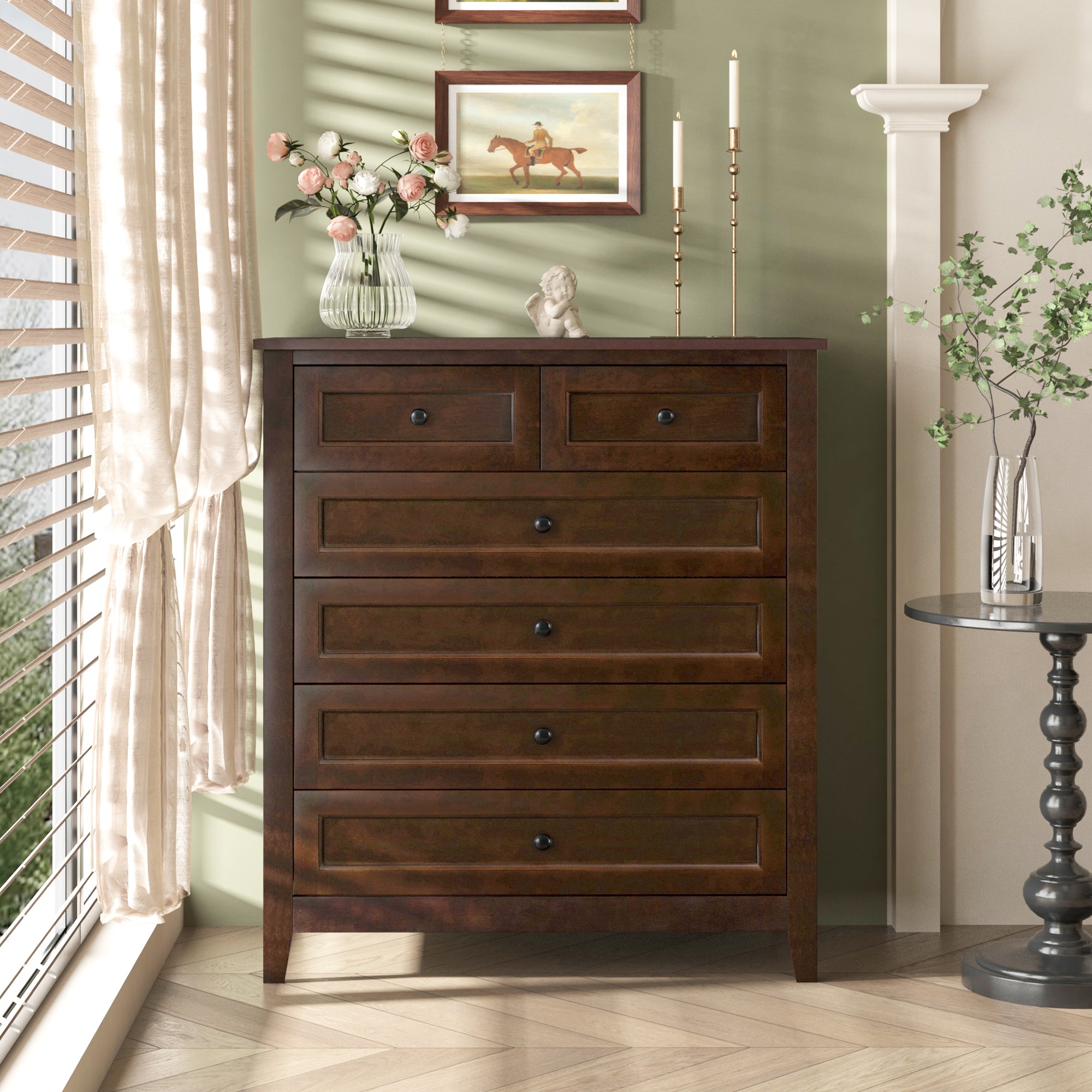 2 Small+4 Large Drawers Solid Wood Free Standing Dresser for Bedroom- Auburn_0