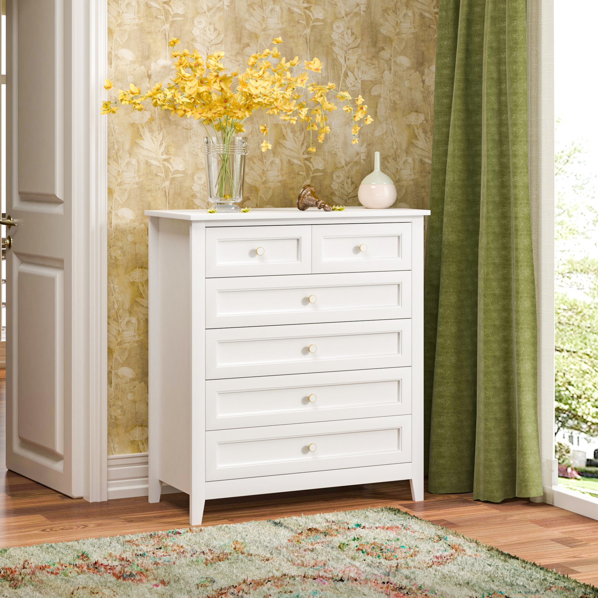 2 Small+4 Large Drawers Solid Wood Free Standing Dresser for Bedroom- White_1
