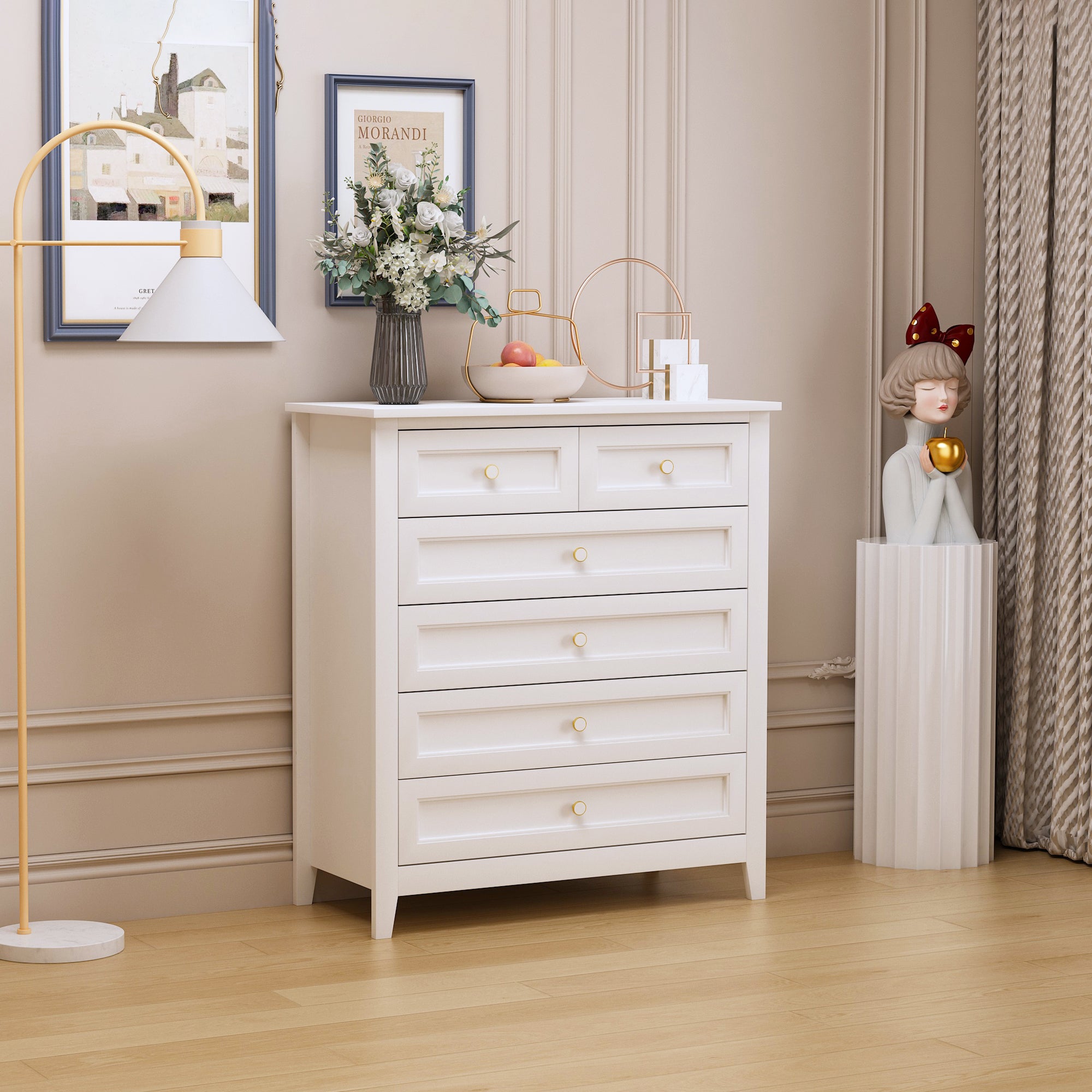 2 Small+4 Large Drawers Solid Wood Free Standing Dresser for Bedroom- White_3