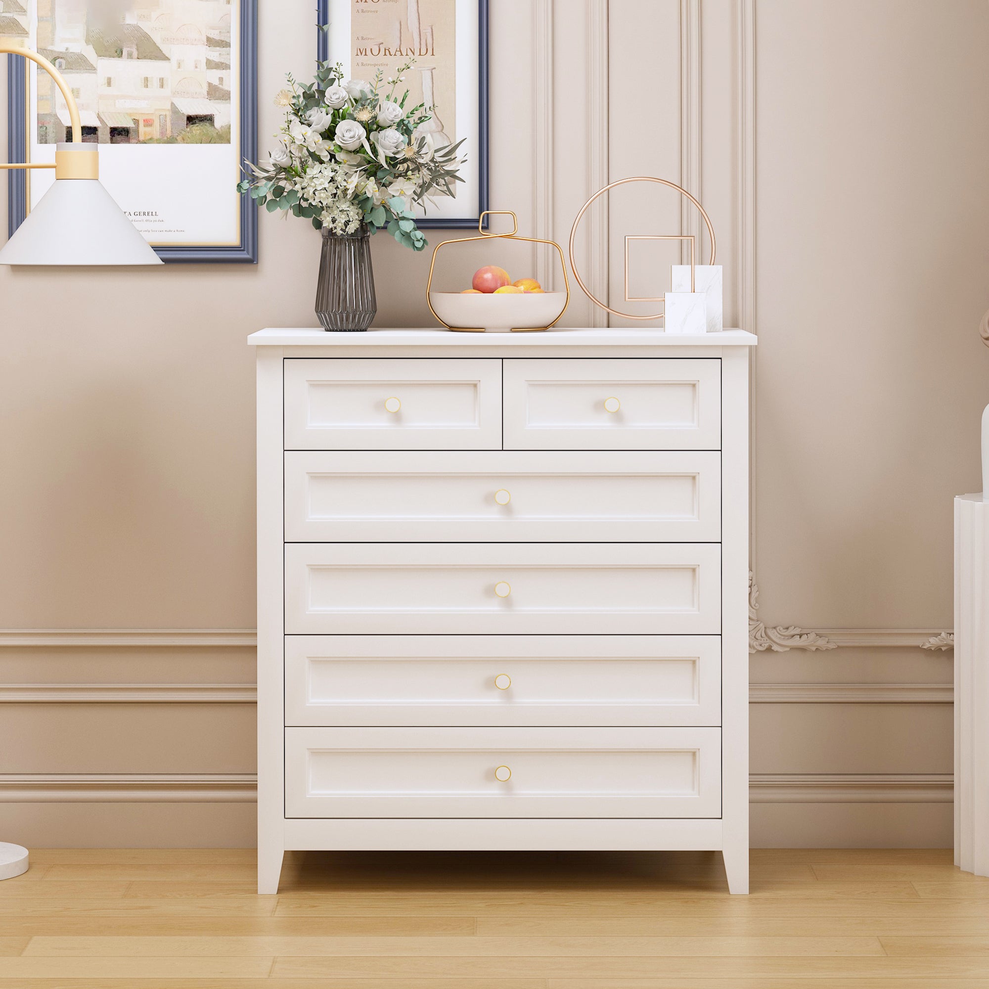 2 Small+4 Large Drawers Solid Wood Free Standing Dresser for Bedroom- White_2