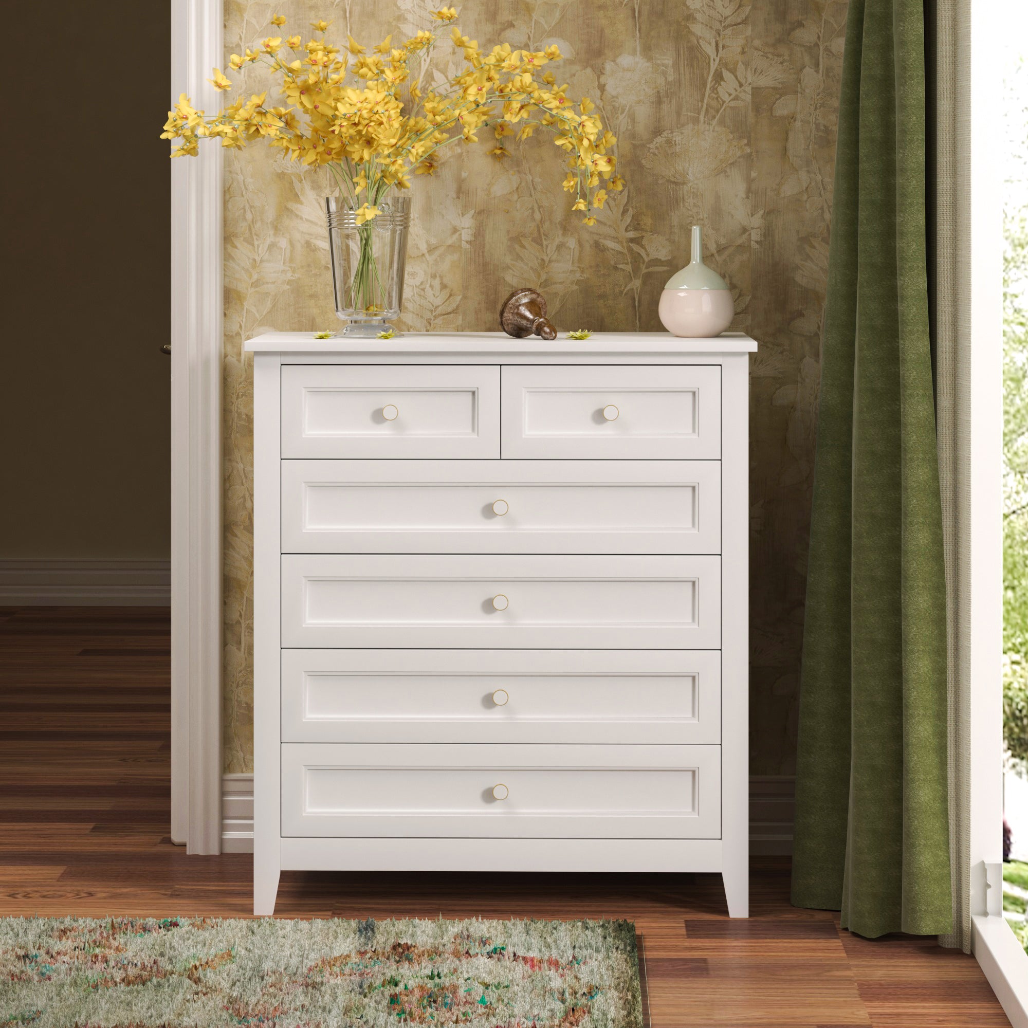 2 Small+4 Large Drawers Solid Wood Free Standing Dresser for Bedroom- White_0