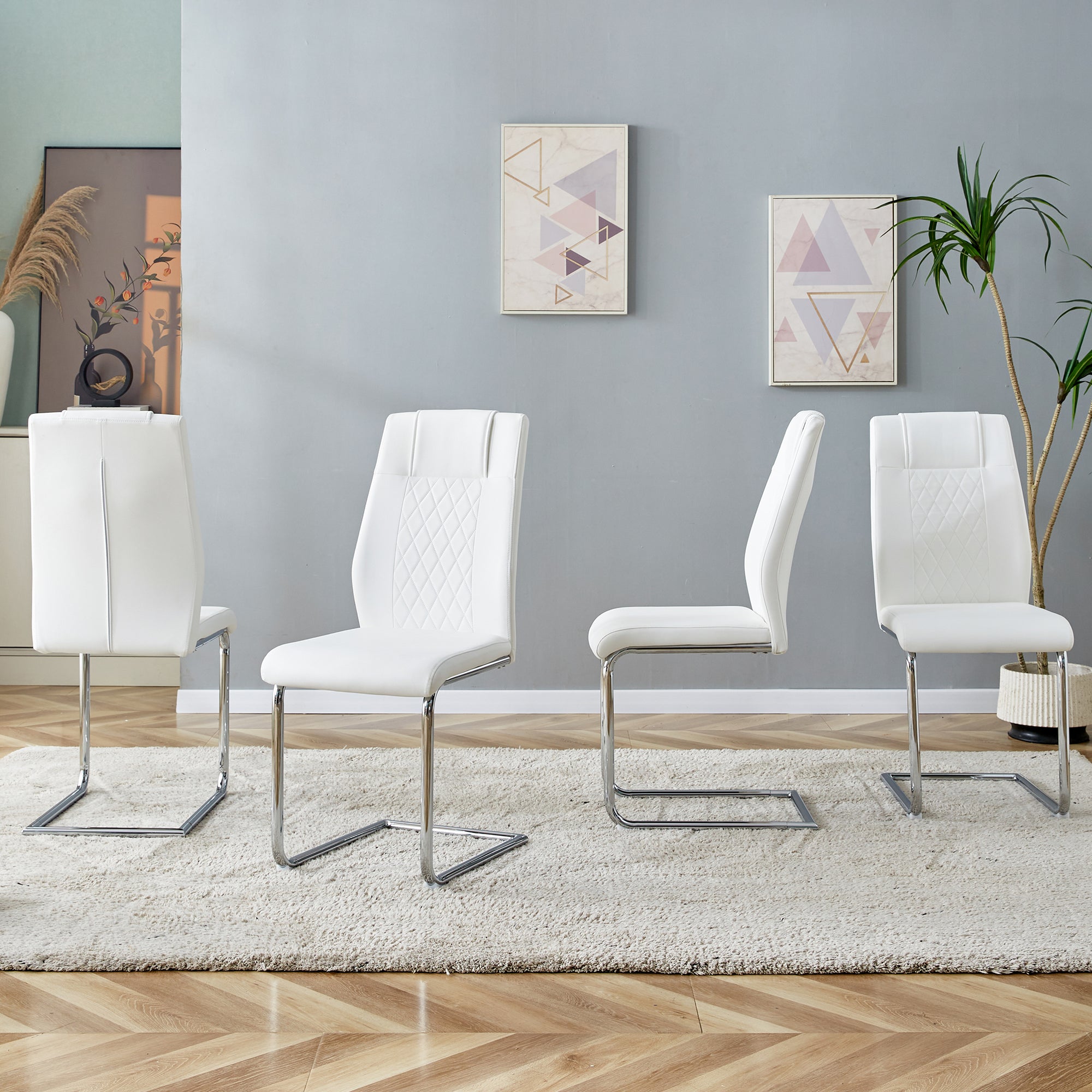 8 Pcs Faux Leather Upholstered Grid High Back Dining Chairs with Metal Base- White, Silver_2