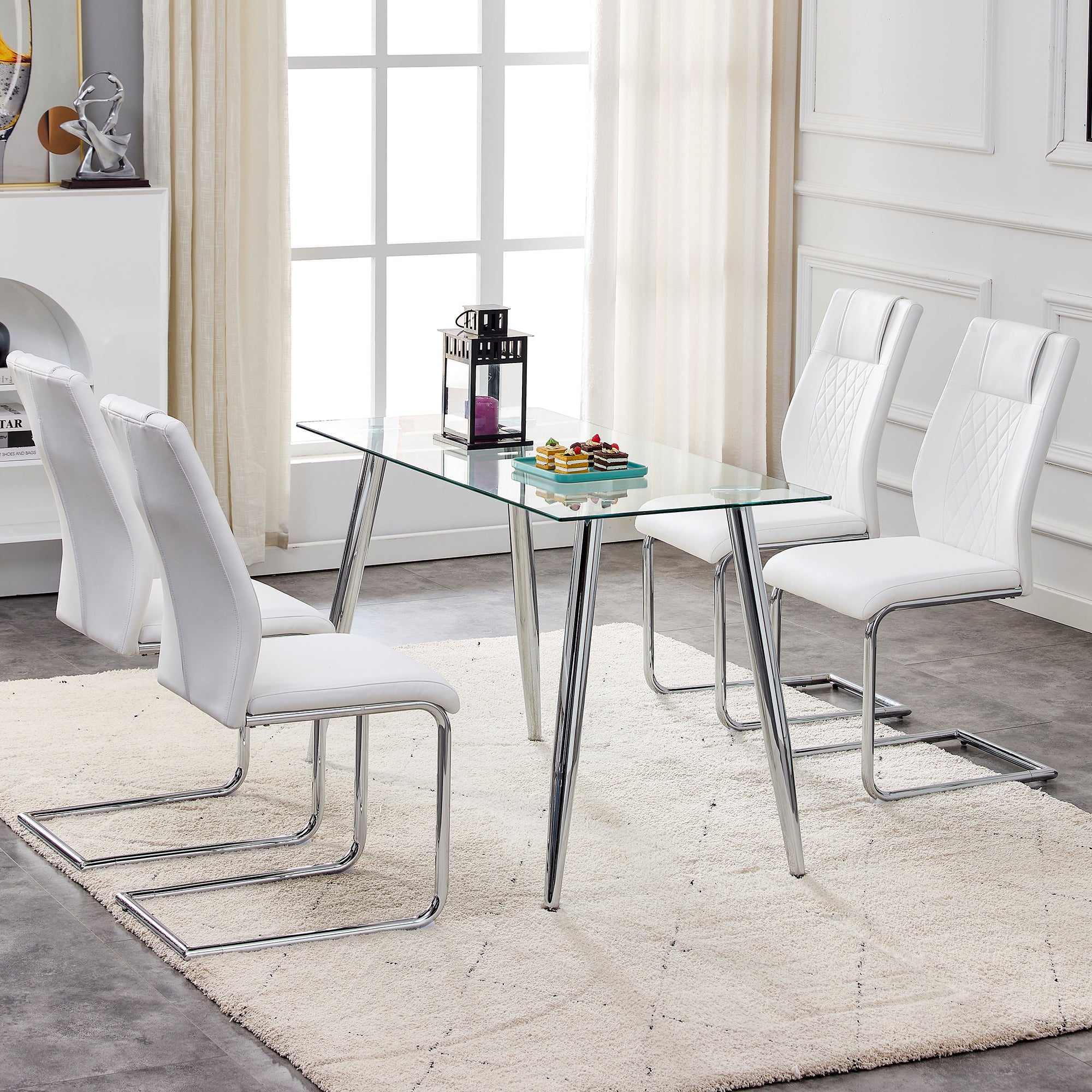 8 Pcs Faux Leather Upholstered Grid High Back Dining Chairs with Metal Base- White, Silver_6