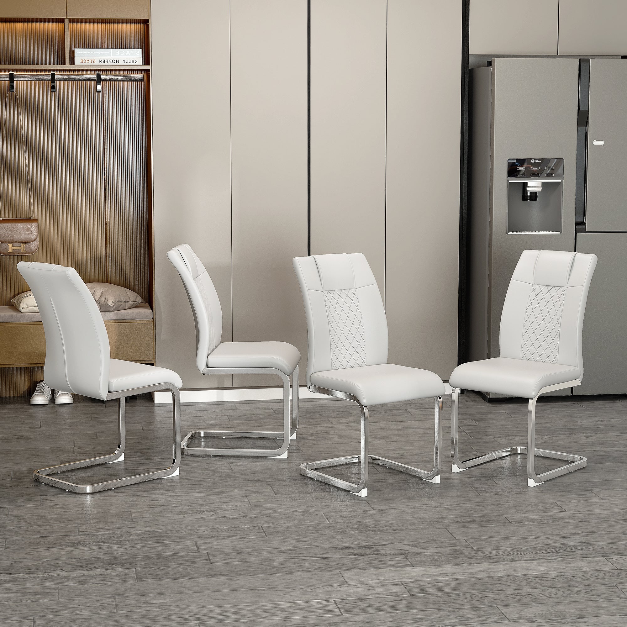 8 Pcs Faux Leather Upholstered Grid High Back Dining Chairs with Metal Base- White, Silver_4