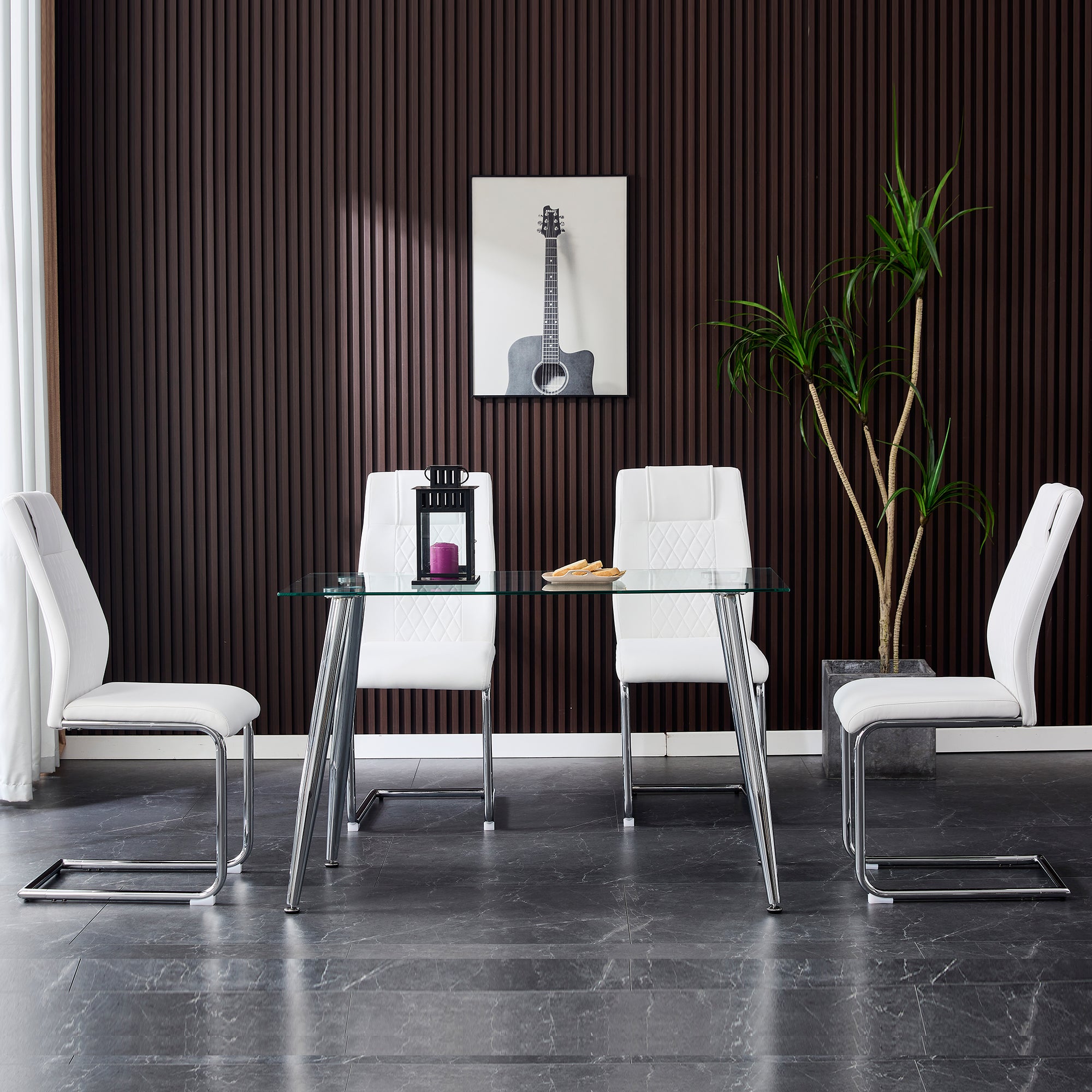 8 Pcs Faux Leather Upholstered Grid High Back Dining Chairs with Metal Base- White, Silver_9