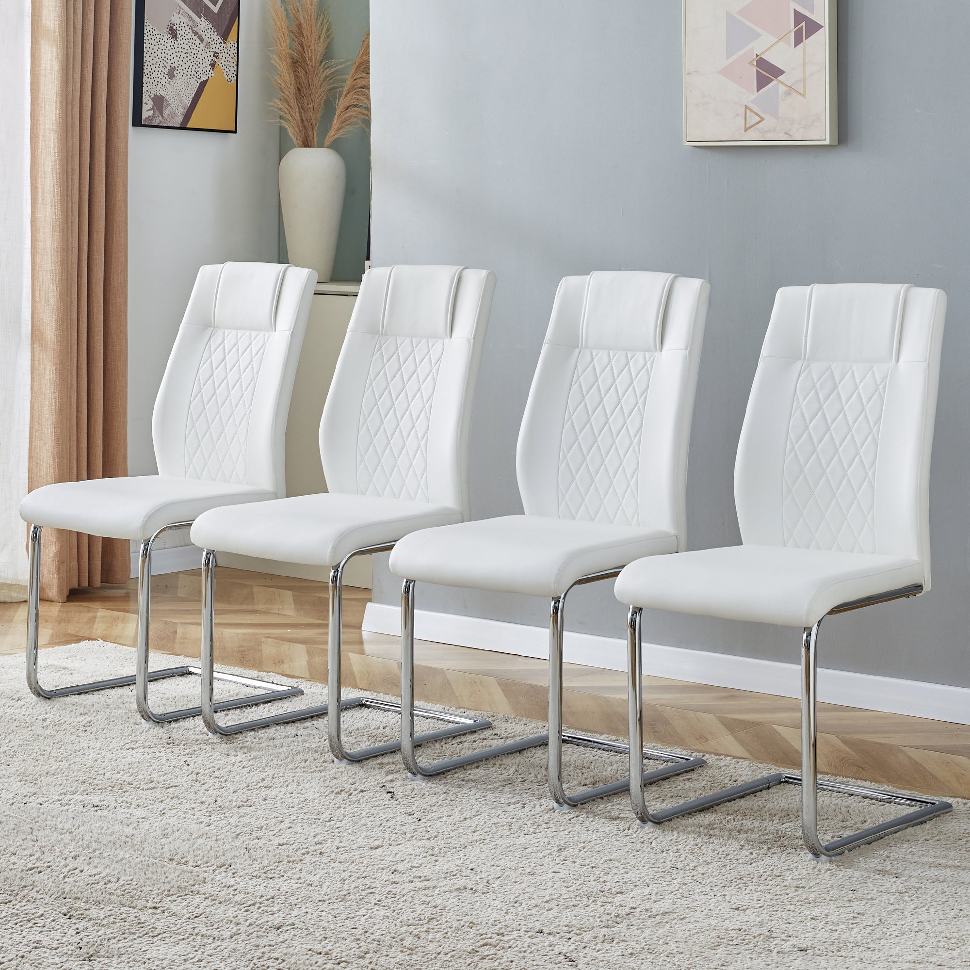 8 Pcs Faux Leather Upholstered Grid High Back Dining Chairs with Metal Base- White, Silver_1