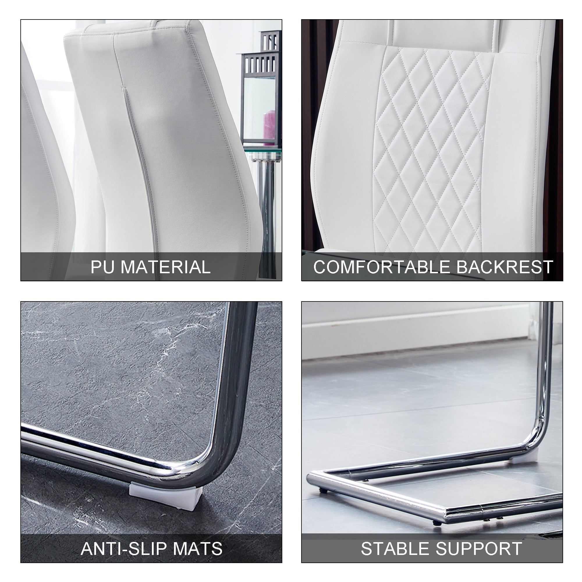 8 Pcs Faux Leather Upholstered Grid High Back Dining Chairs with Metal Base- White, Silver_22