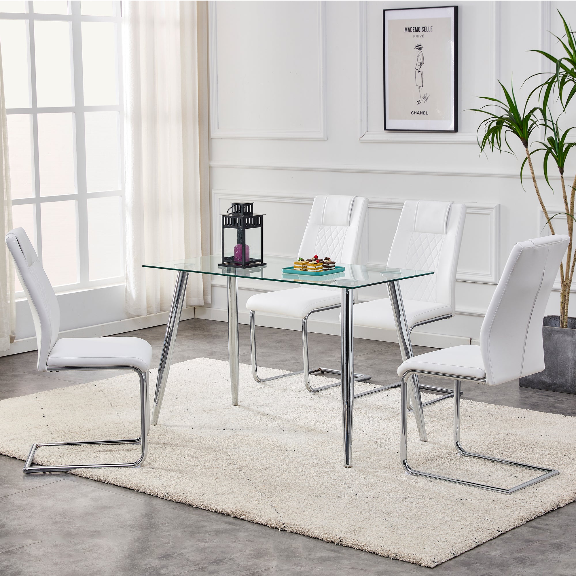 8 Pcs Faux Leather Upholstered Grid High Back Dining Chairs with Metal Base- White, Silver_7