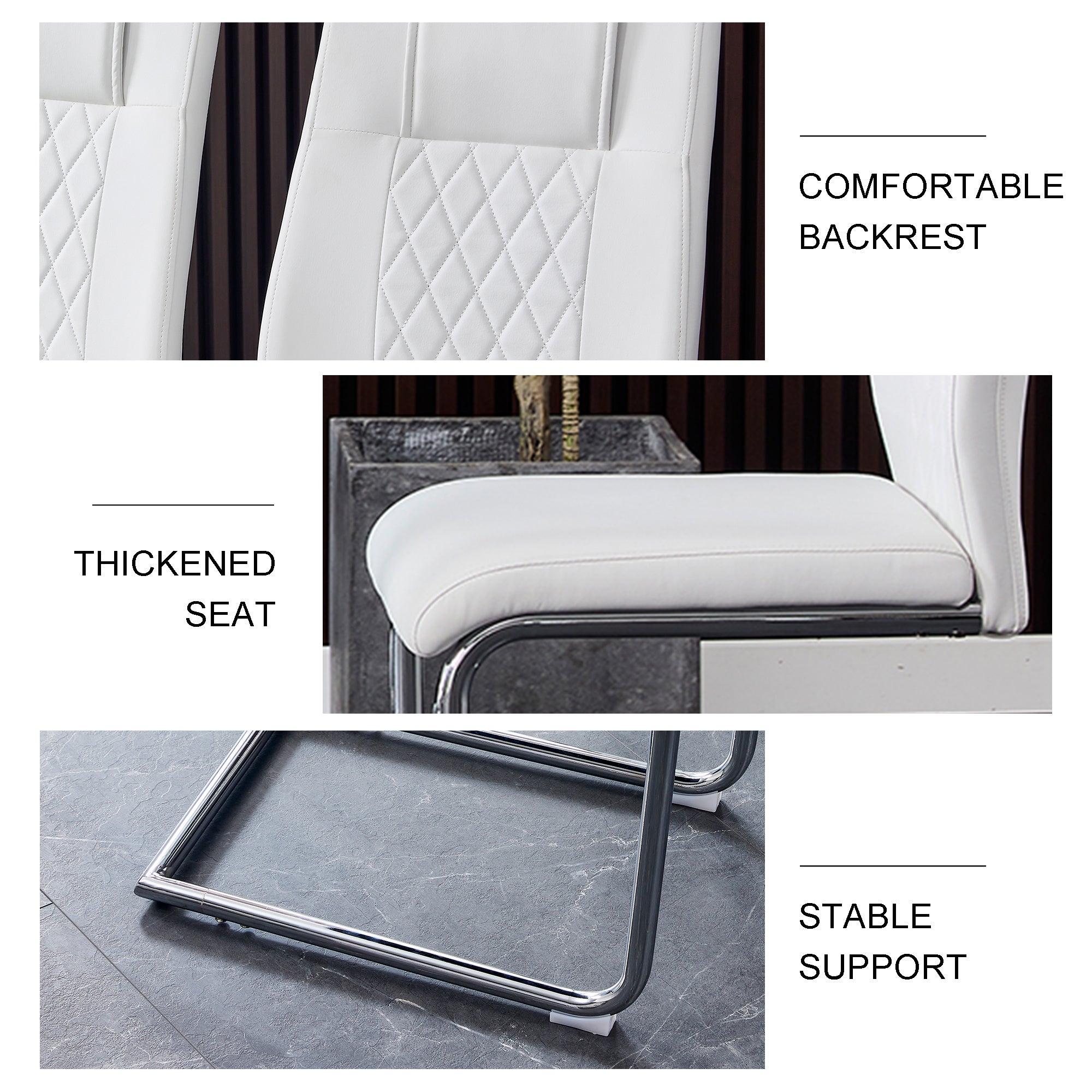 8 Pcs Faux Leather Upholstered Grid High Back Dining Chairs with Metal Base- White, Silver_20