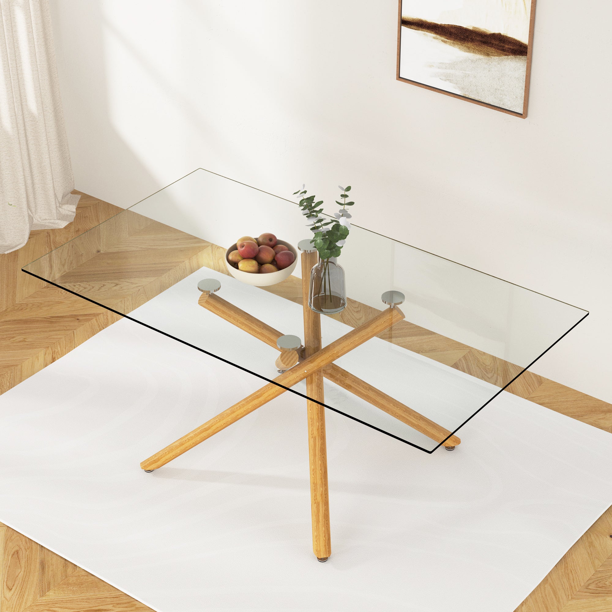 6-8 Seater Modern Kitchen Dining Table Rectangular Glass Table Top with Metal Legs_3