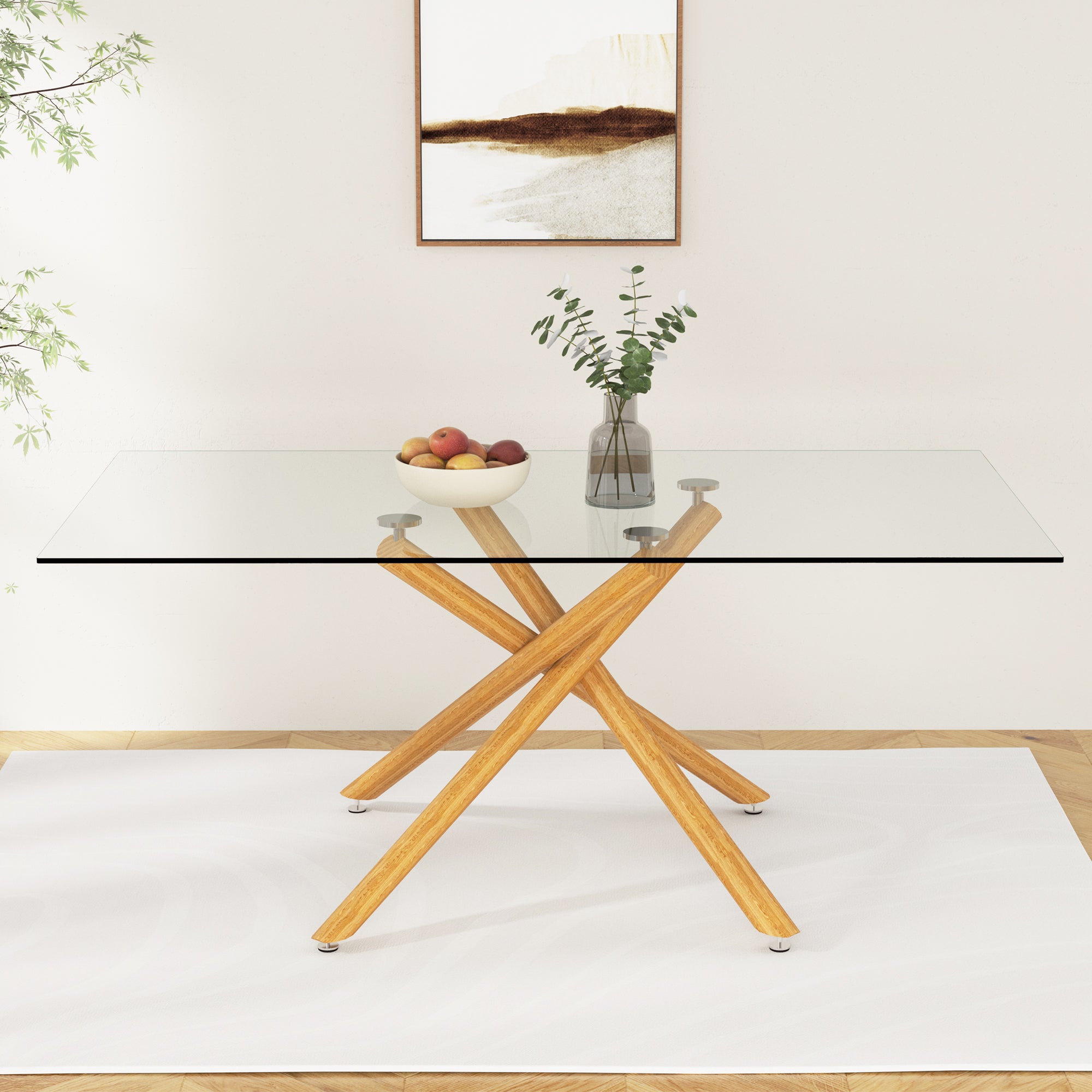 6-8 Seater Modern Kitchen Dining Table Rectangular Glass Table Top with Metal Legs_1