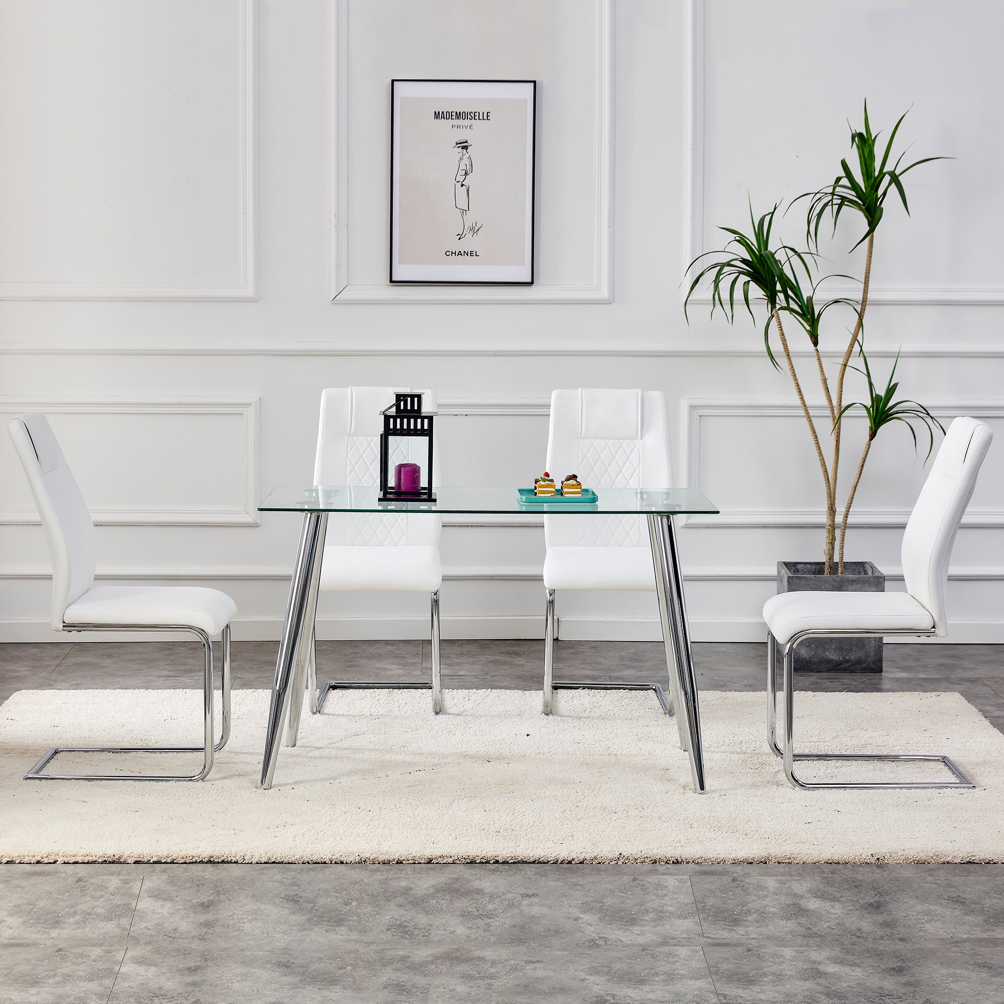 8 Pcs Faux Leather Upholstered Grid High Back Dining Chairs with Metal Base- White, Silver_5