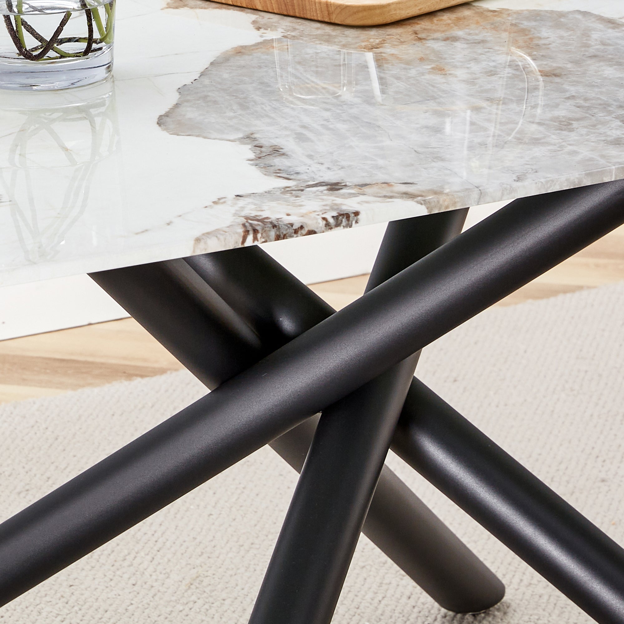 6-8 Seater Modern Kitchen Dining Table Rectangular Marble Glass Table Top with Metal Legs_16