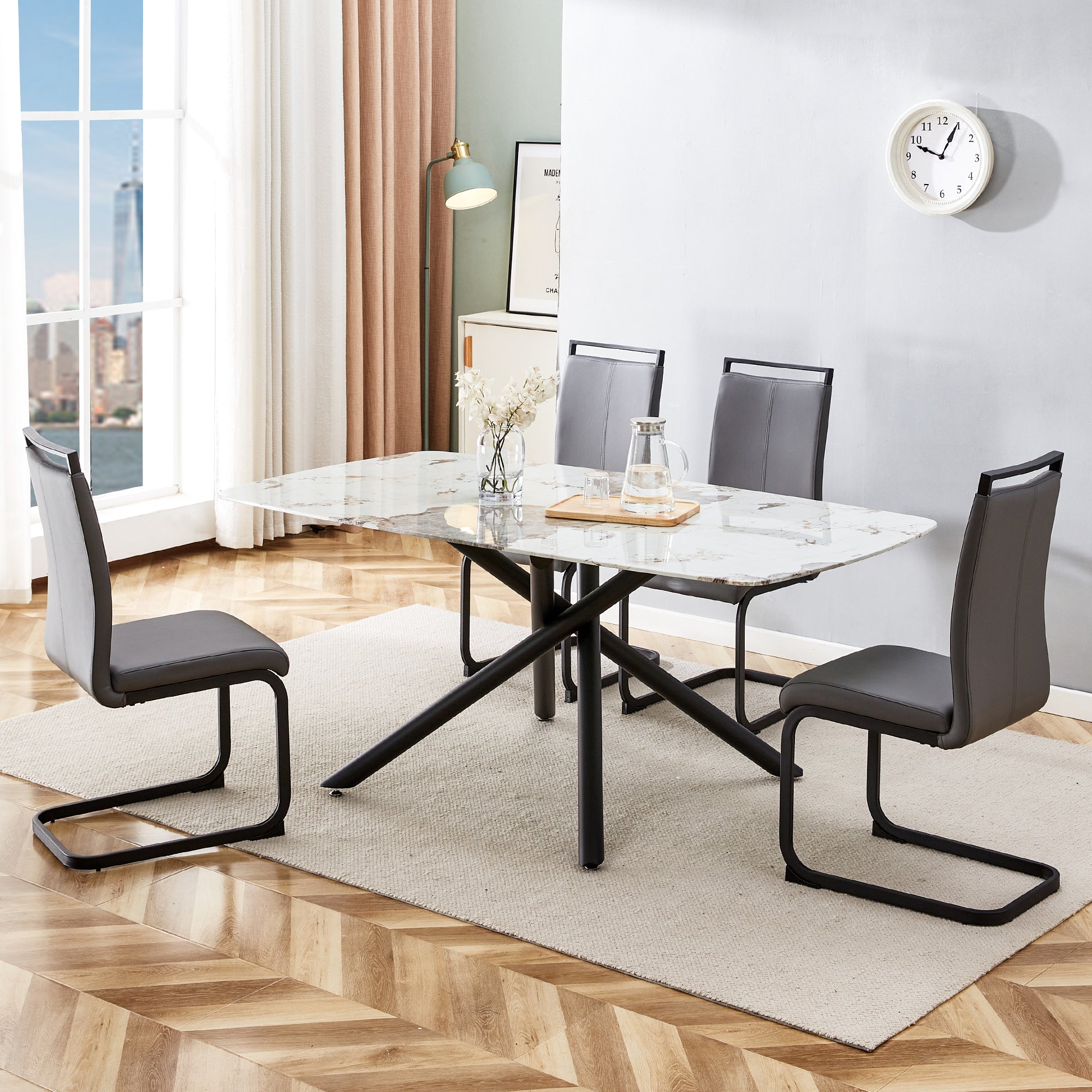 6-8 Seater Modern Kitchen Dining Table Rectangular Marble Glass Table Top with Metal Legs_4