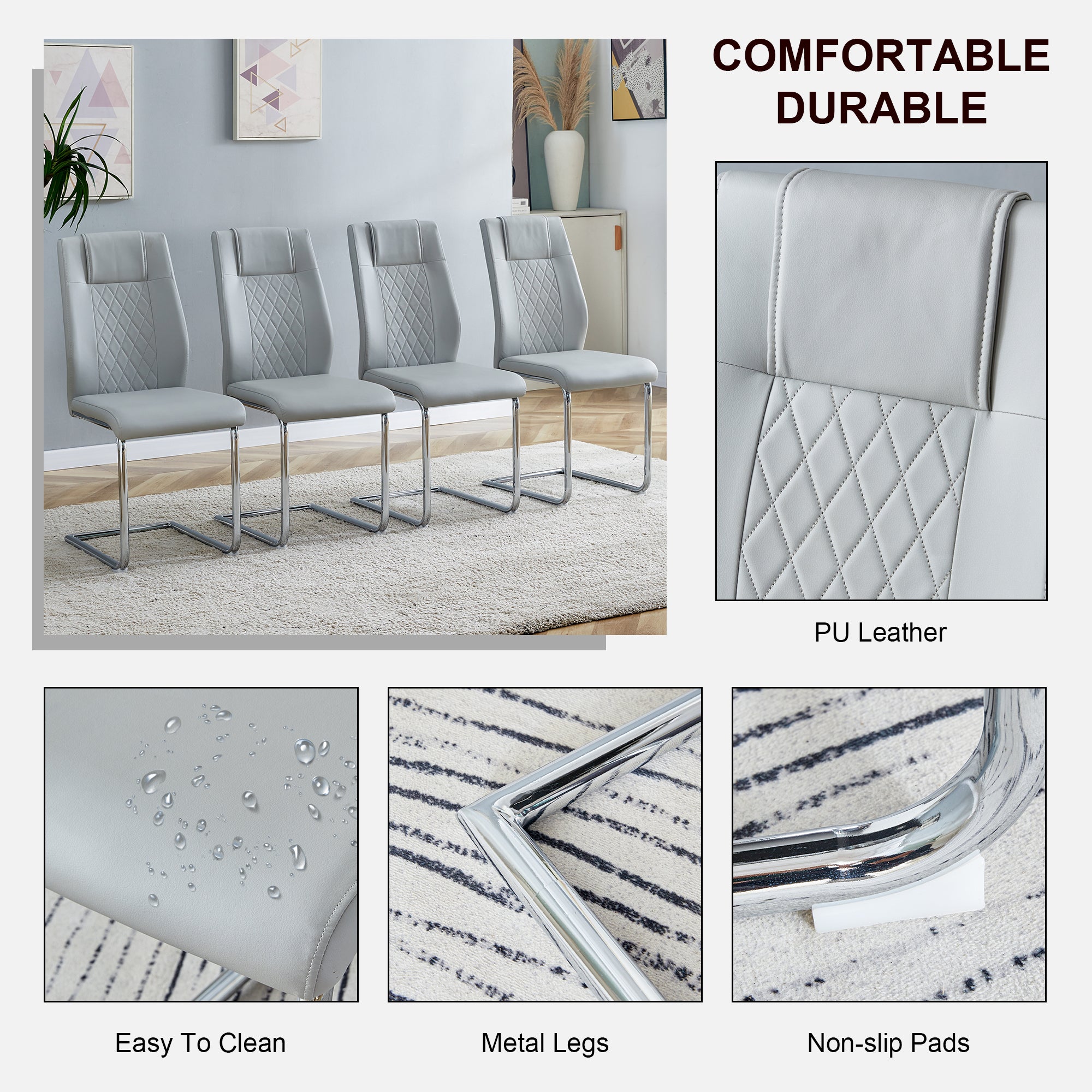 8 Pcs Faux Leather Upholstered Grid High Back Dining Chairs with Metal Base- Grey, Silver_19