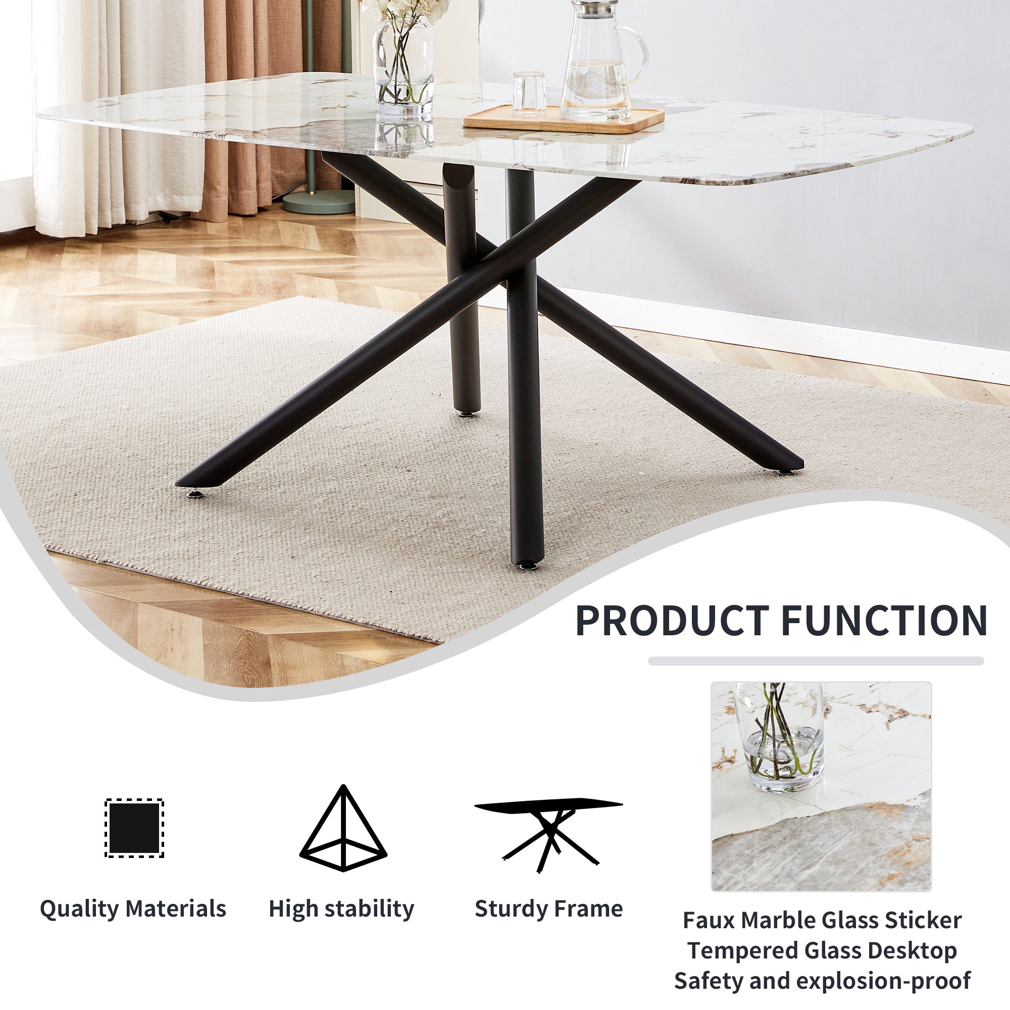 6-8 Seater Modern Kitchen Dining Table Rectangular Marble Glass Table Top with Metal Legs_21