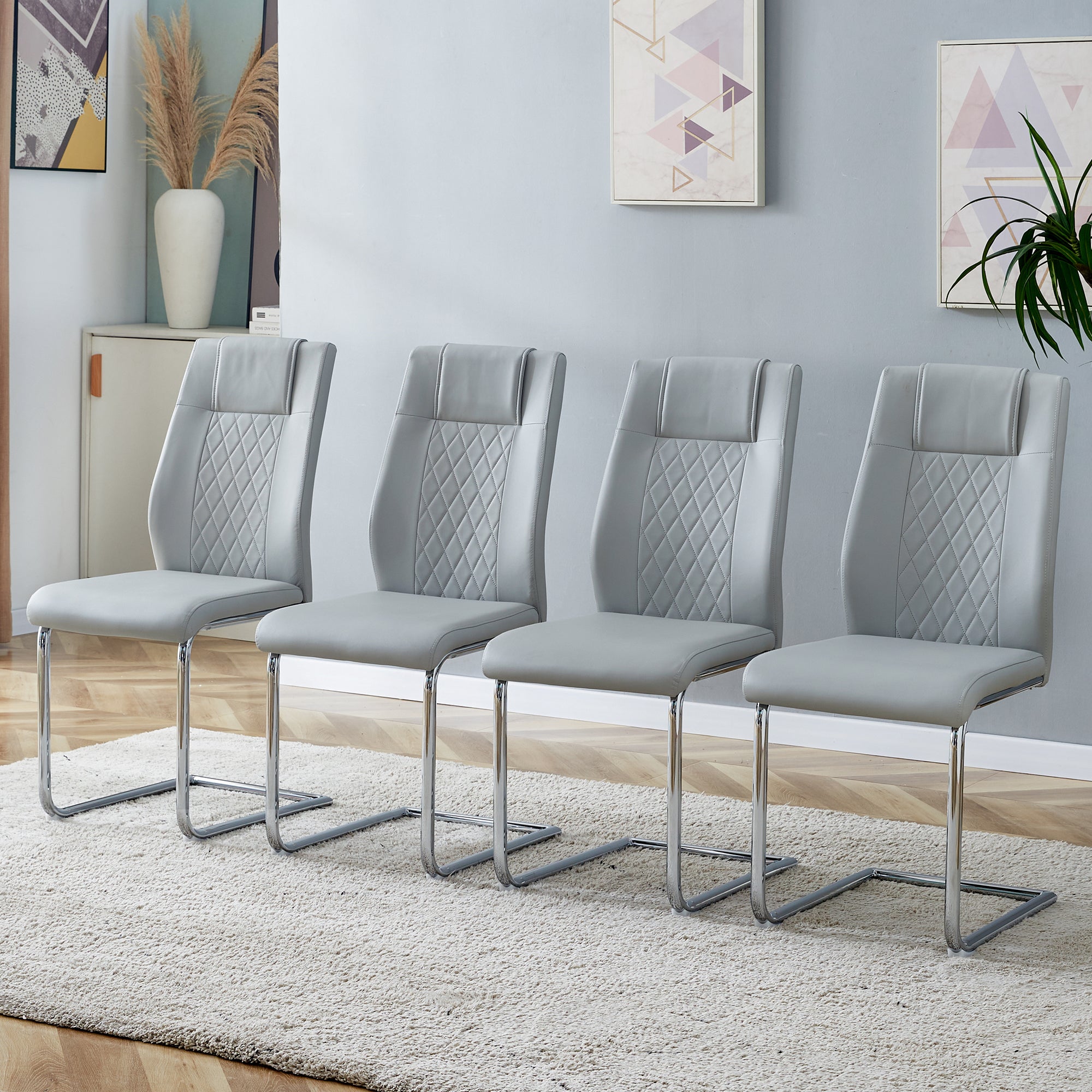 8 Pcs Faux Leather Upholstered Grid High Back Dining Chairs with Metal Base- Grey, Silver_2