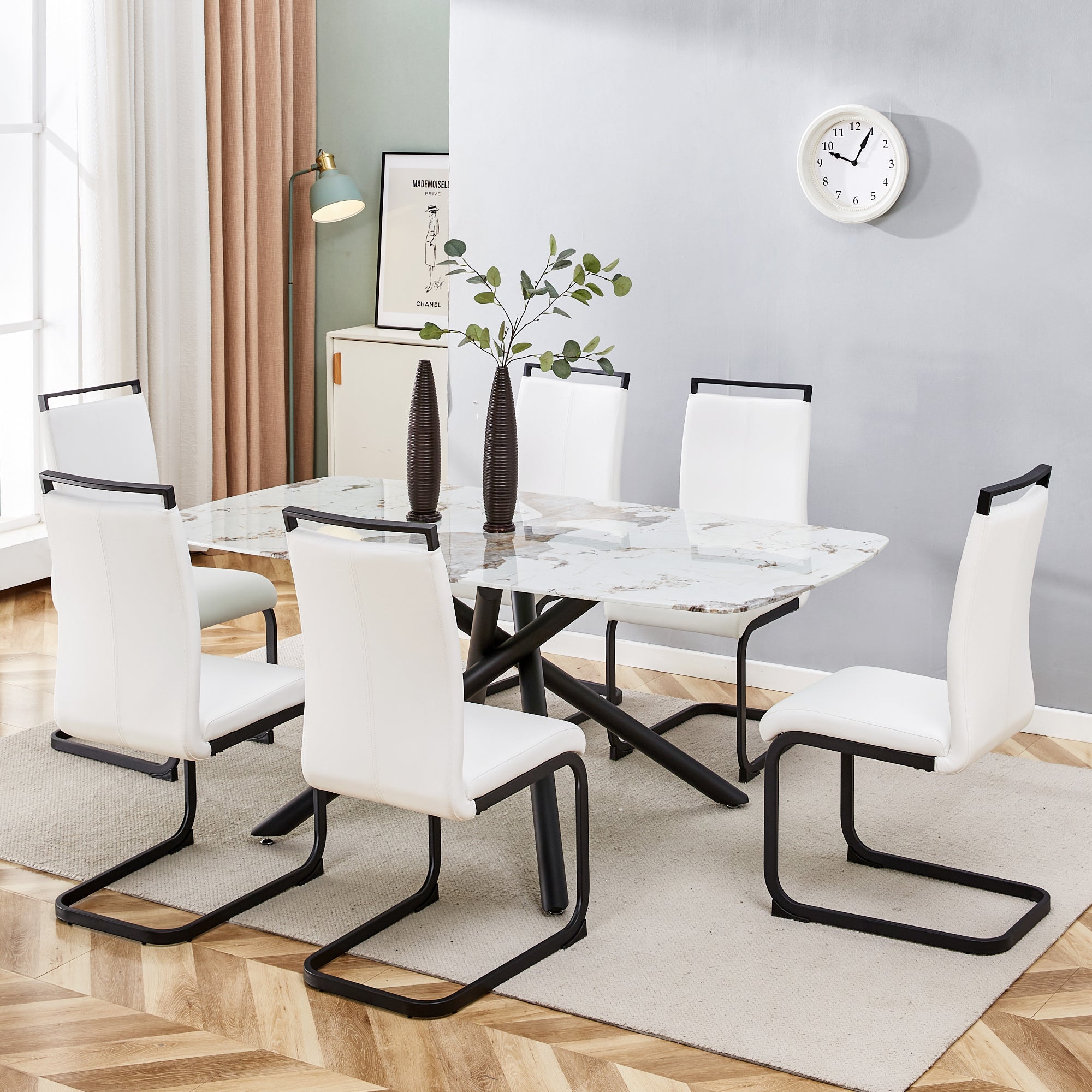 6-8 Seater Modern Kitchen Dining Table Rectangular Marble Glass Table Top with Metal Legs_7