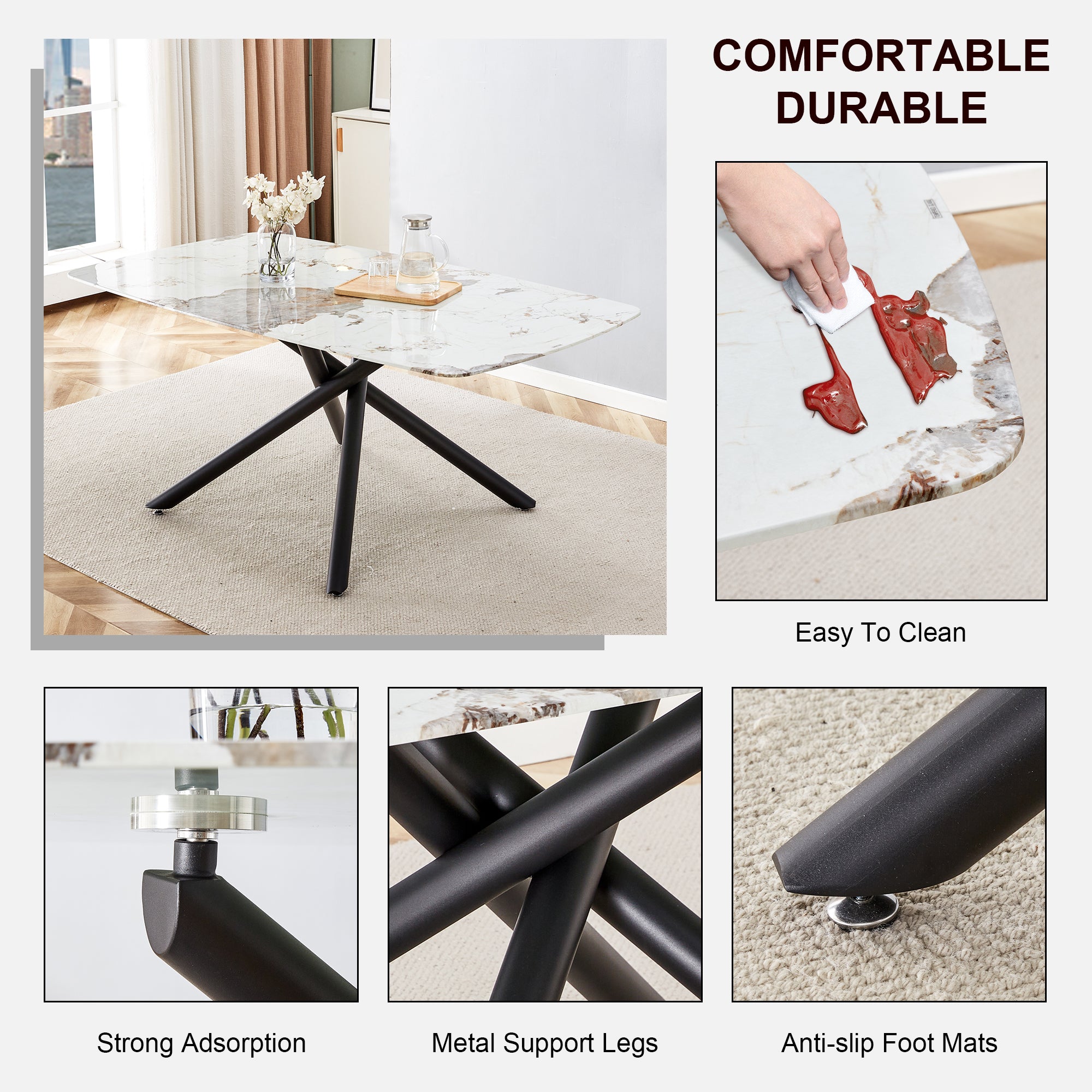 6-8 Seater Modern Kitchen Dining Table Rectangular Marble Glass Table Top with Metal Legs_24