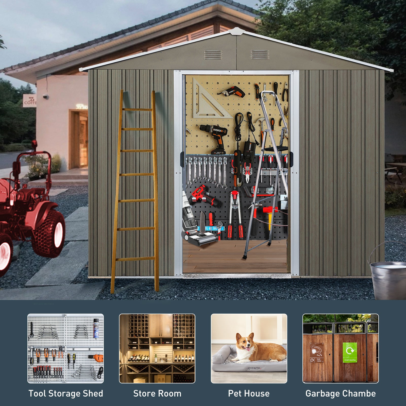 6ft x 8ft Outdoor Metal Storage Shed with Metal Floor Frame and Window- Grey_3
