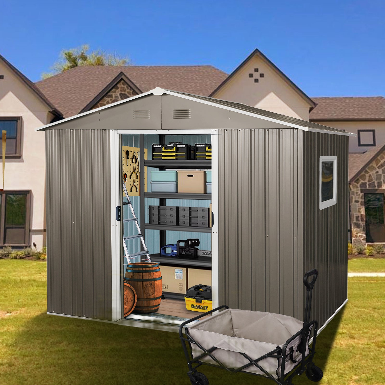 6ft x 8ft Outdoor Metal Storage Shed with Metal Floor Frame and Window- Grey_0