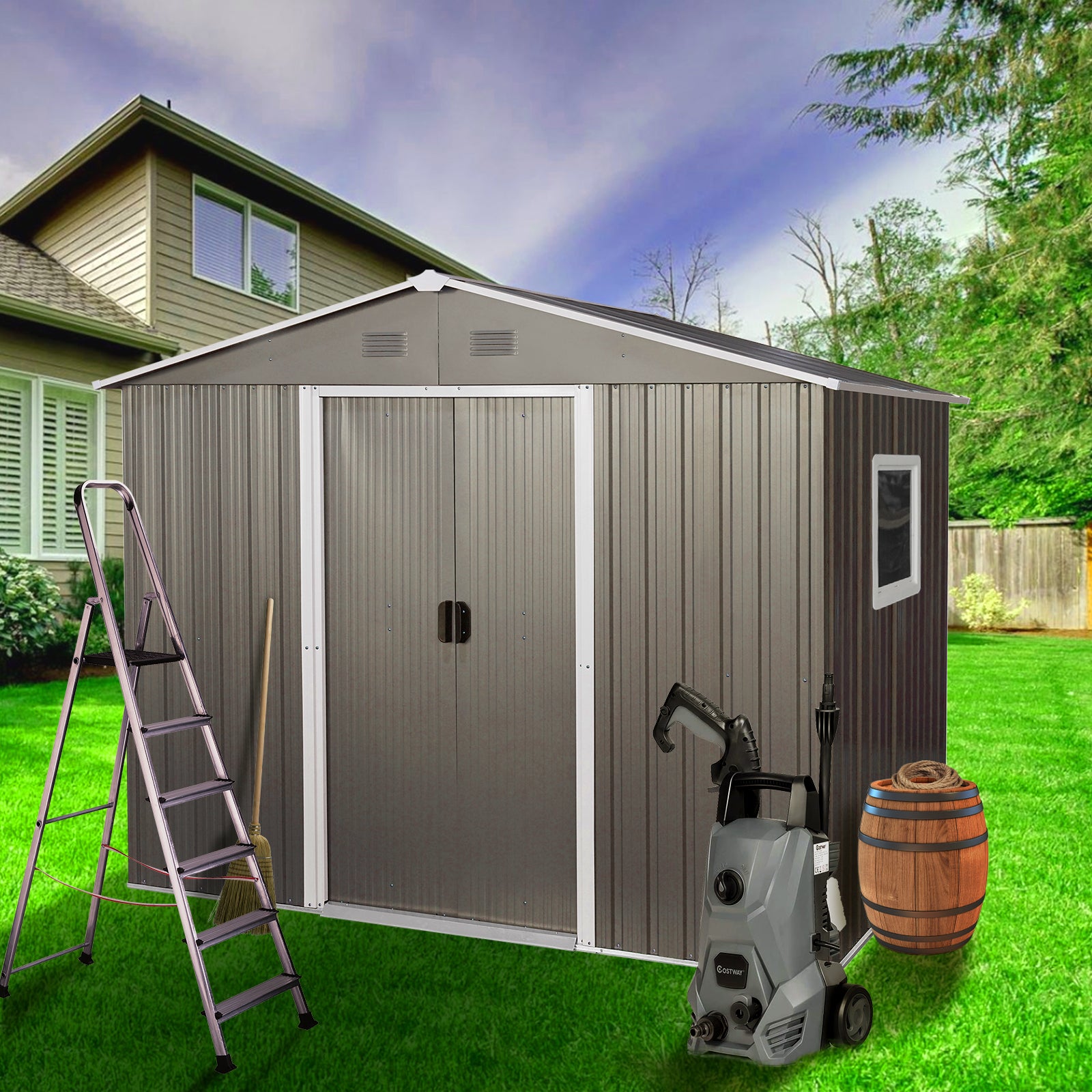 6ft x 8ft Outdoor Metal Storage Shed with Metal Floor Frame and Window- Grey_1