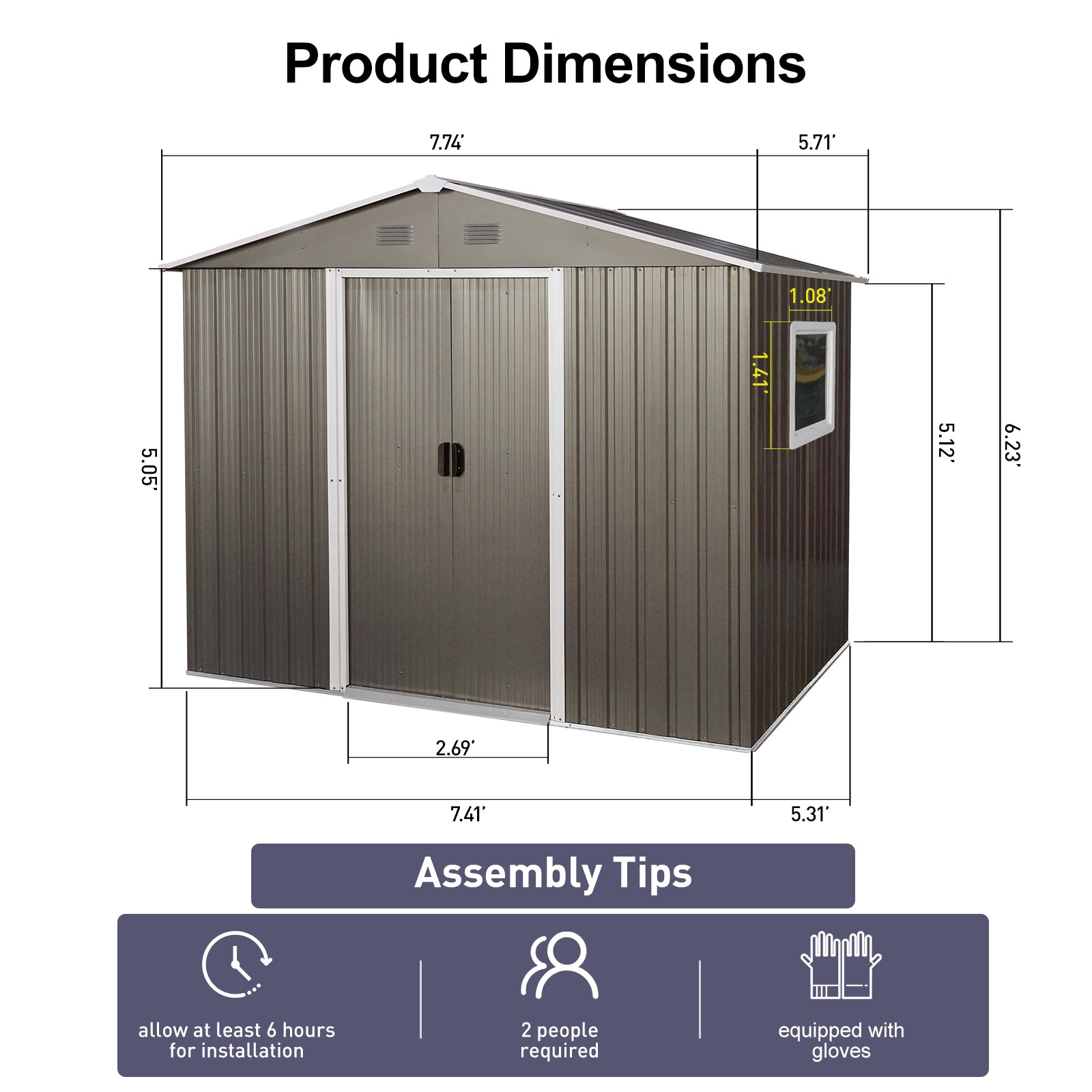 6ft x 8ft Outdoor Metal Storage Shed with Metal Floor Frame and Window- Grey_4