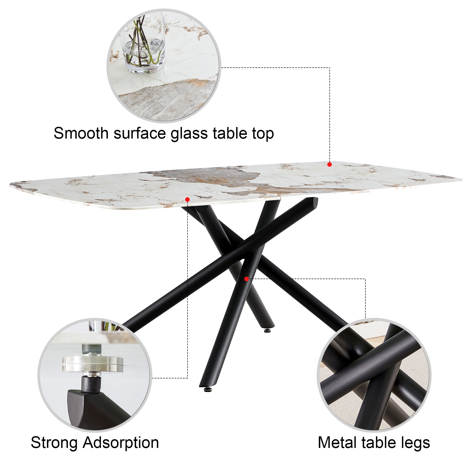 6-8 Seater Modern Kitchen Dining Table Rectangular Marble Glass Table Top with Metal Legs_22