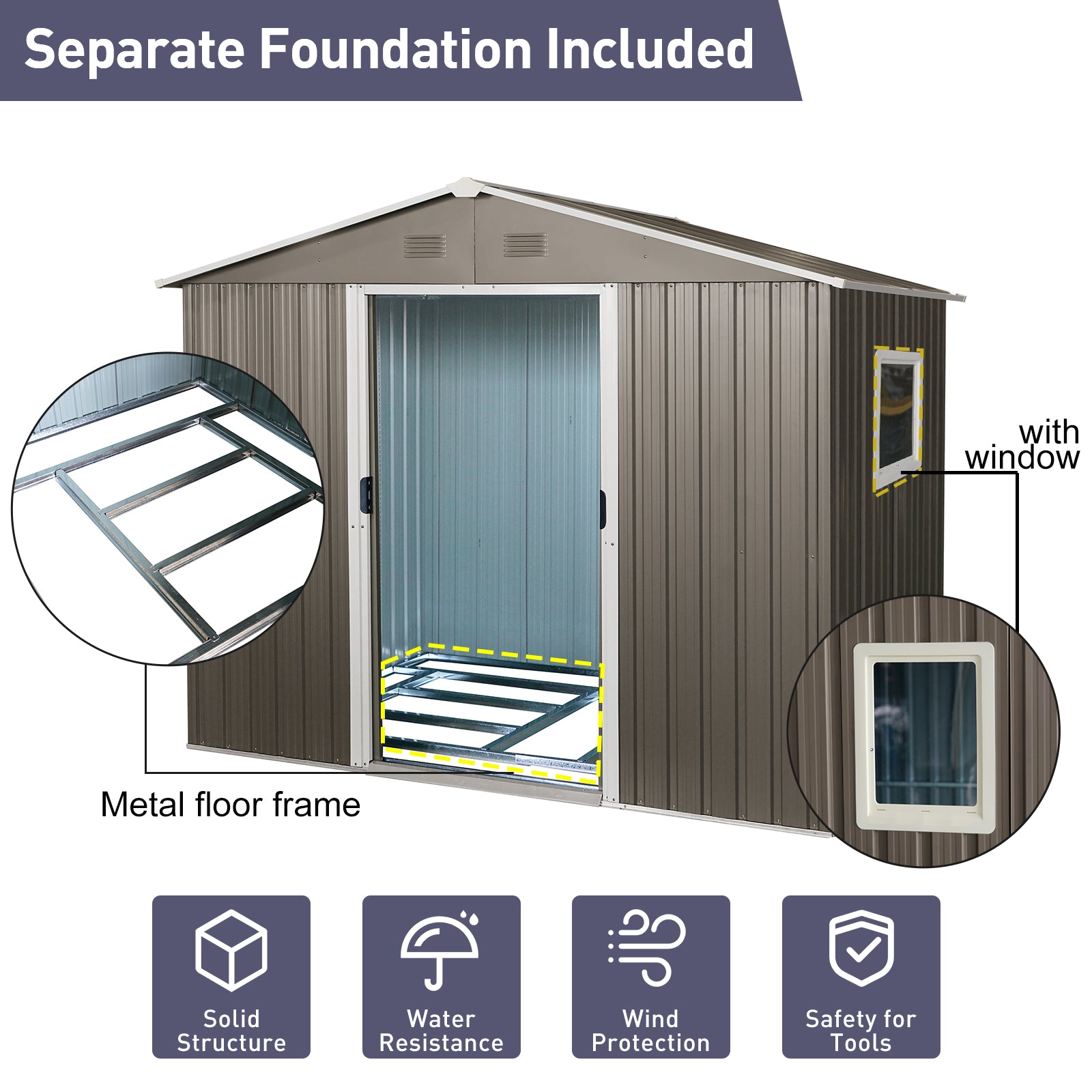 6ft x 8ft Outdoor Metal Storage Shed with Metal Floor Frame and Window- Grey_5