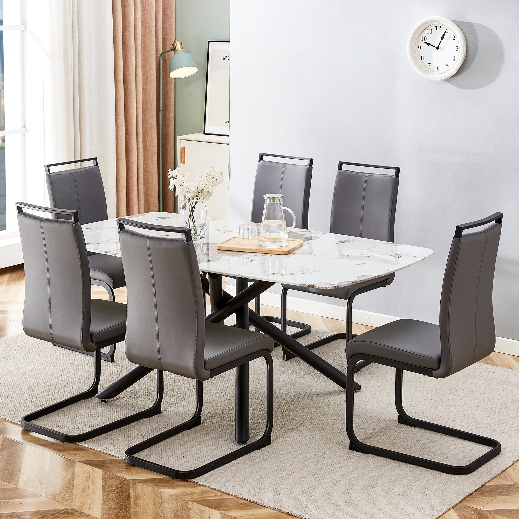 6-8 Seater Modern Kitchen Dining Table Rectangular Marble Glass Table Top with Metal Legs_5