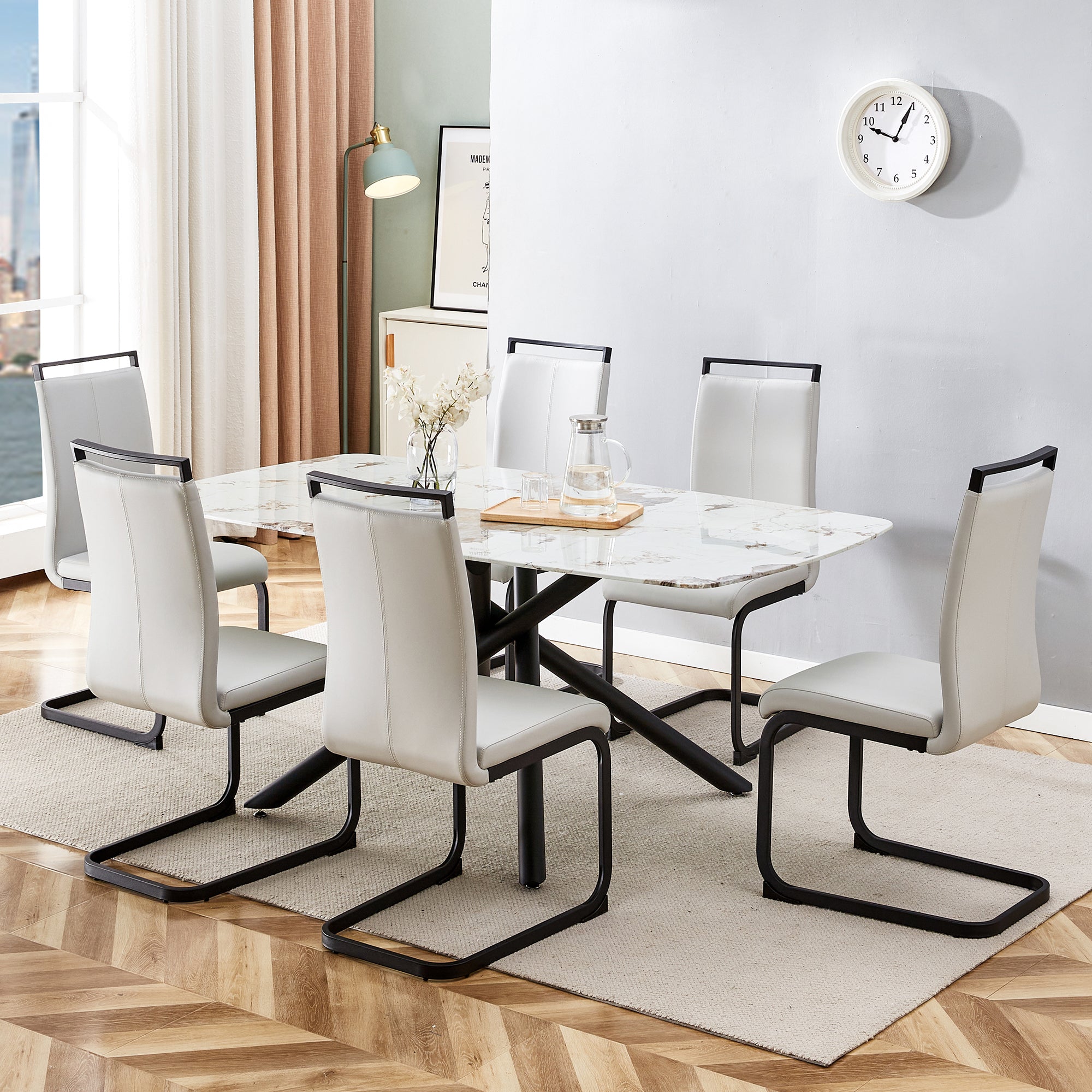 6-8 Seater Modern Kitchen Dining Table Rectangular Marble Glass Table Top with Metal Legs_6