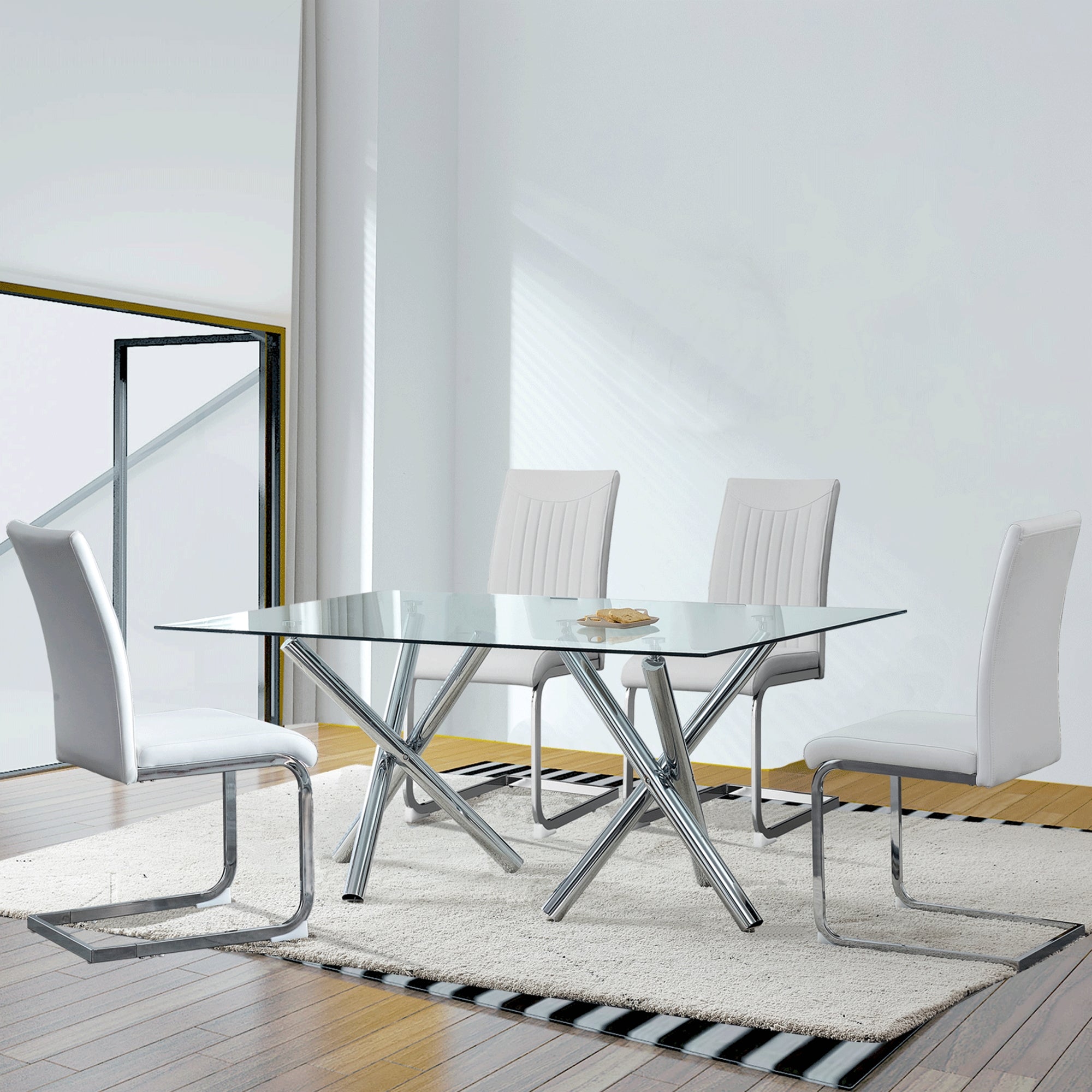 6-8 Seater Modern Kitchen Dining Table Rectangular Glass Table Top with Silver Metal Legs_6