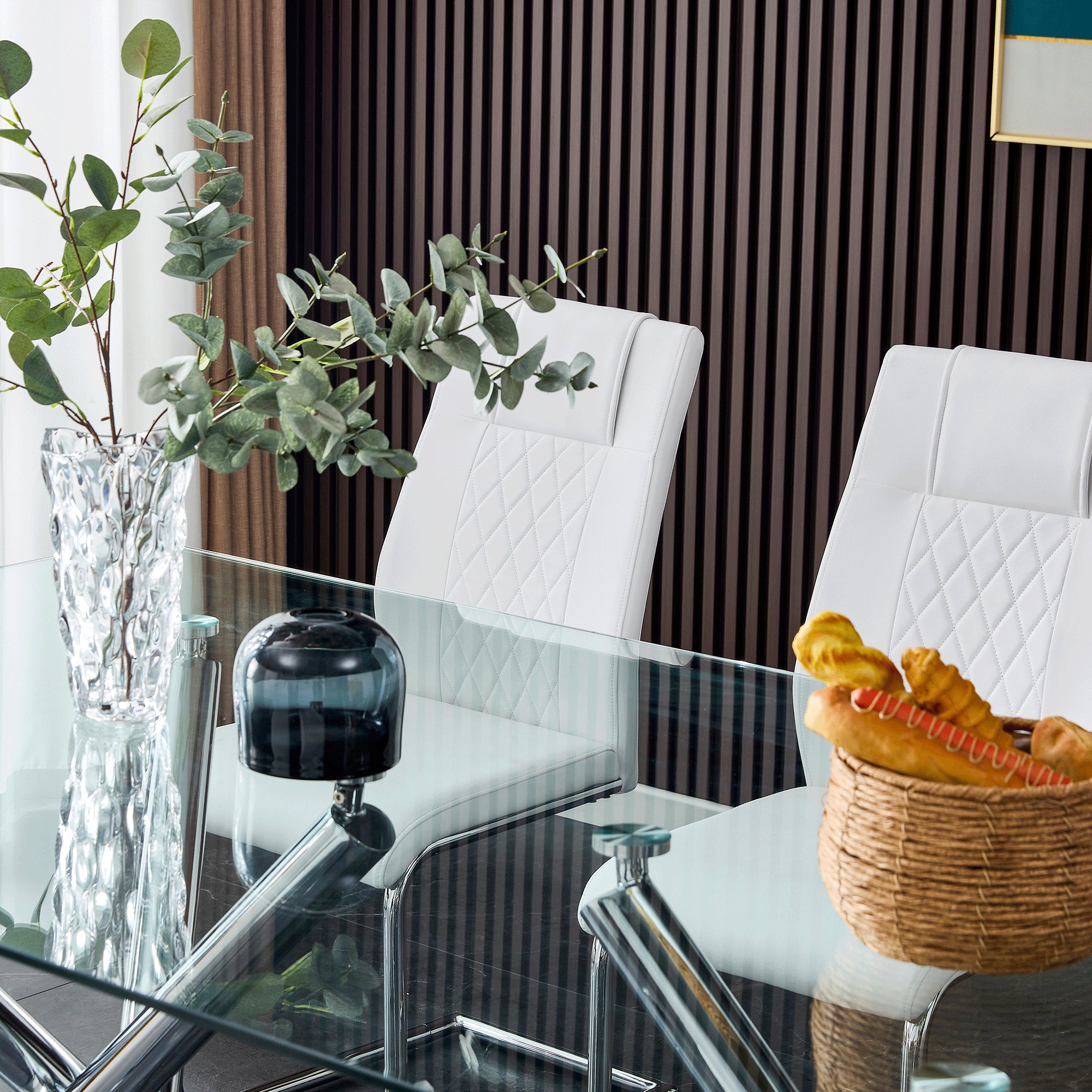 6-8 Seater Modern Kitchen Dining Table Rectangular Glass Table Top with Silver Metal Legs_22