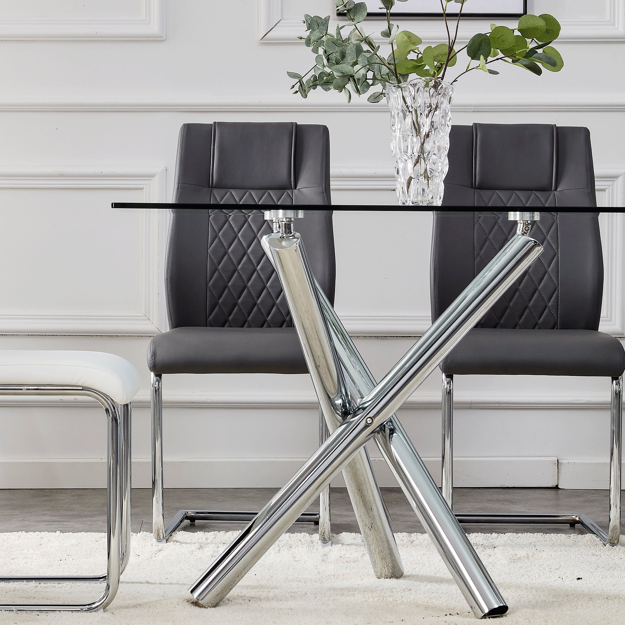 6-8 Seater Modern Kitchen Dining Table Rectangular Glass Table Top with Silver Metal Legs_21