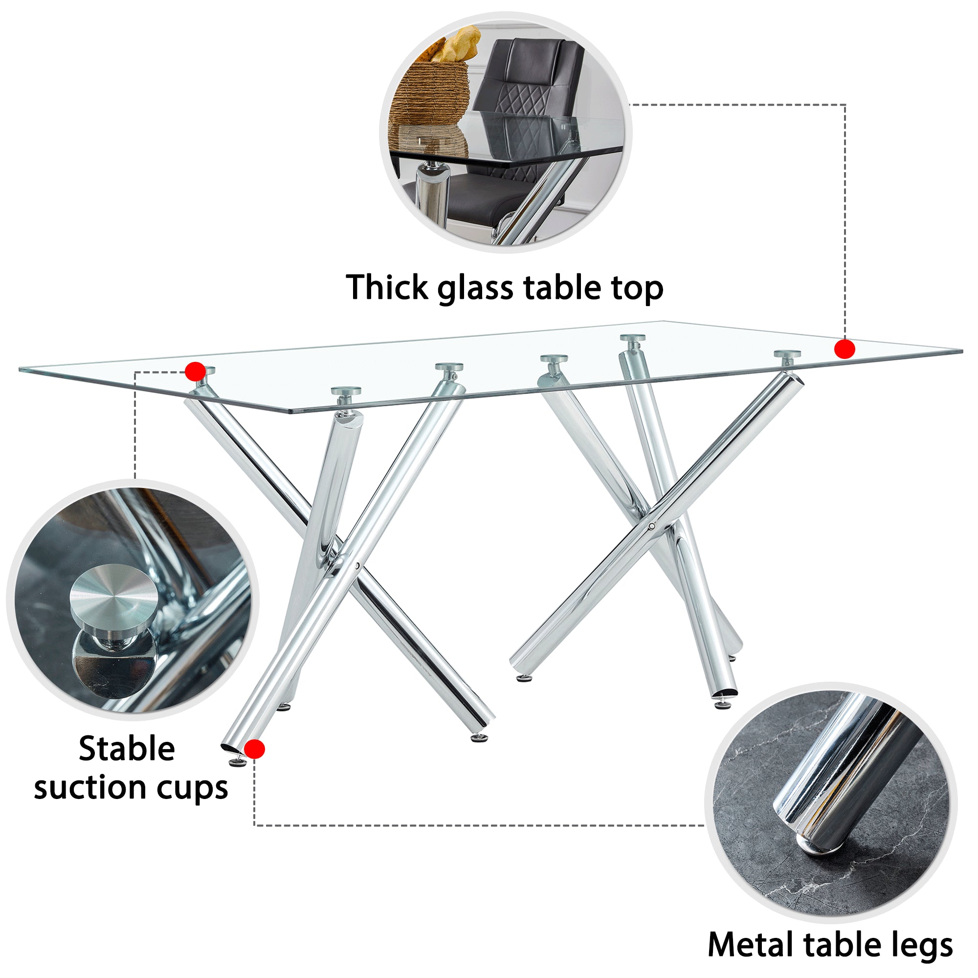 6-8 Seater Modern Kitchen Dining Table Rectangular Glass Table Top with Silver Metal Legs_25