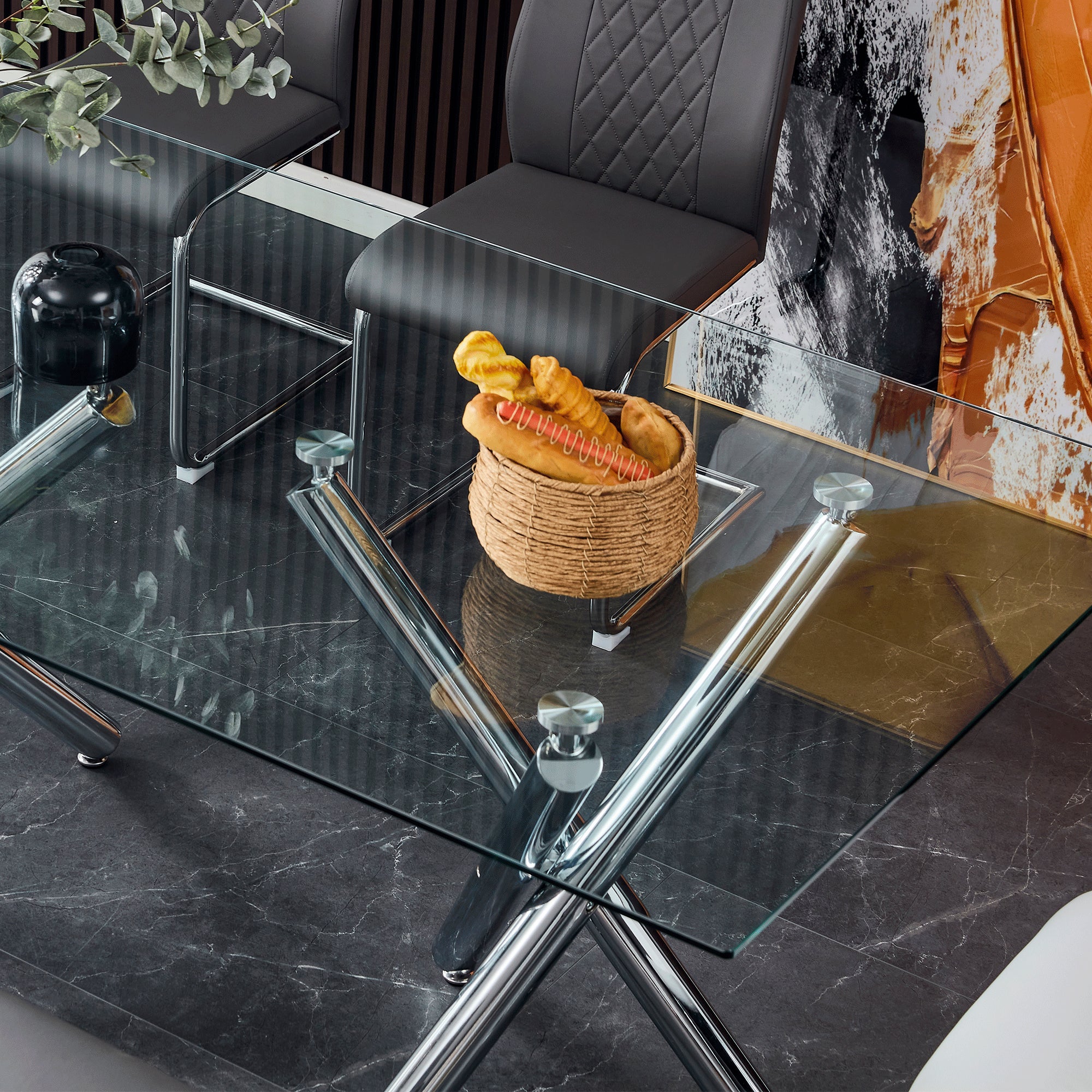 6-8 Seater Modern Kitchen Dining Table Rectangular Glass Table Top with Silver Metal Legs_15