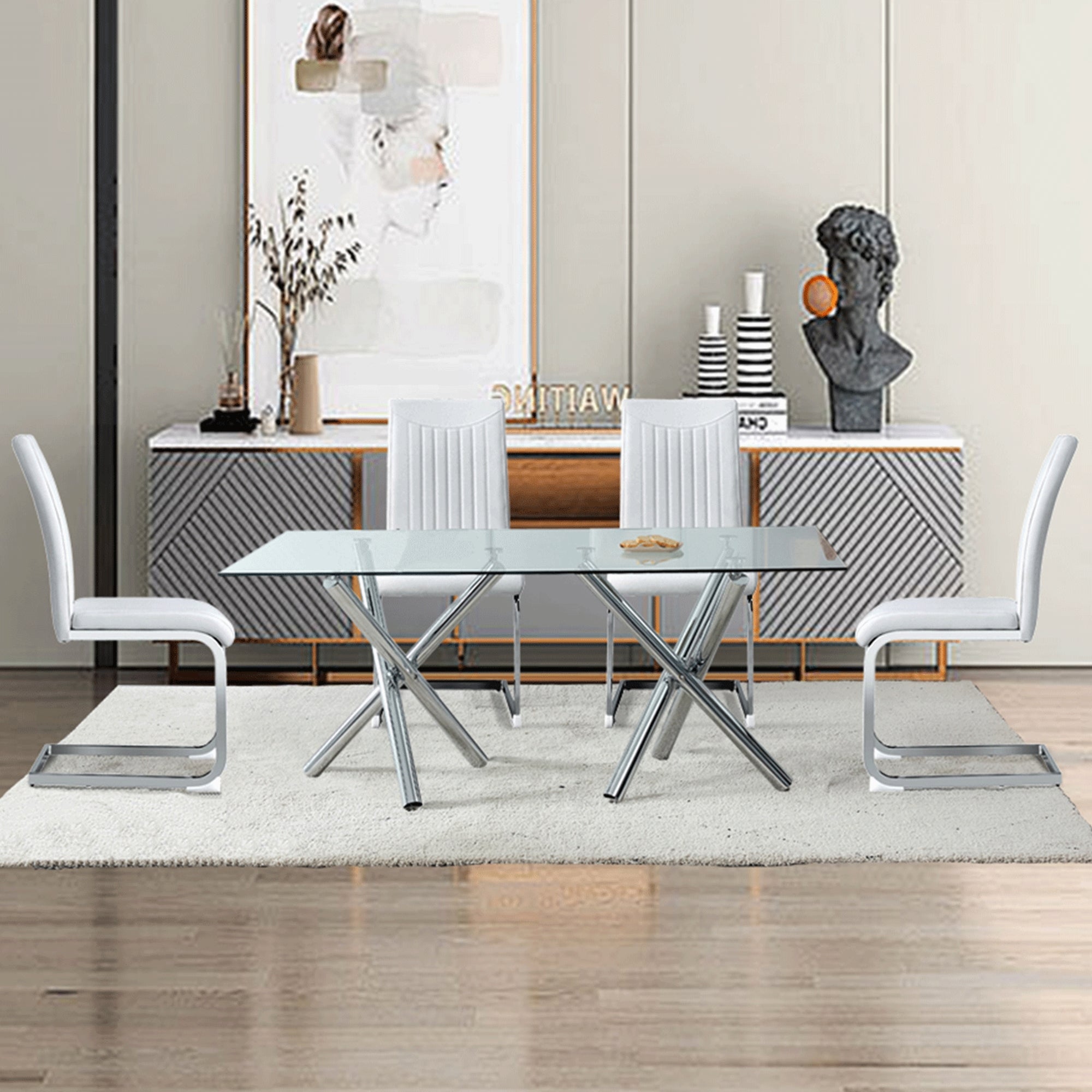 6-8 Seater Modern Kitchen Dining Table Rectangular Glass Table Top with Silver Metal Legs_5