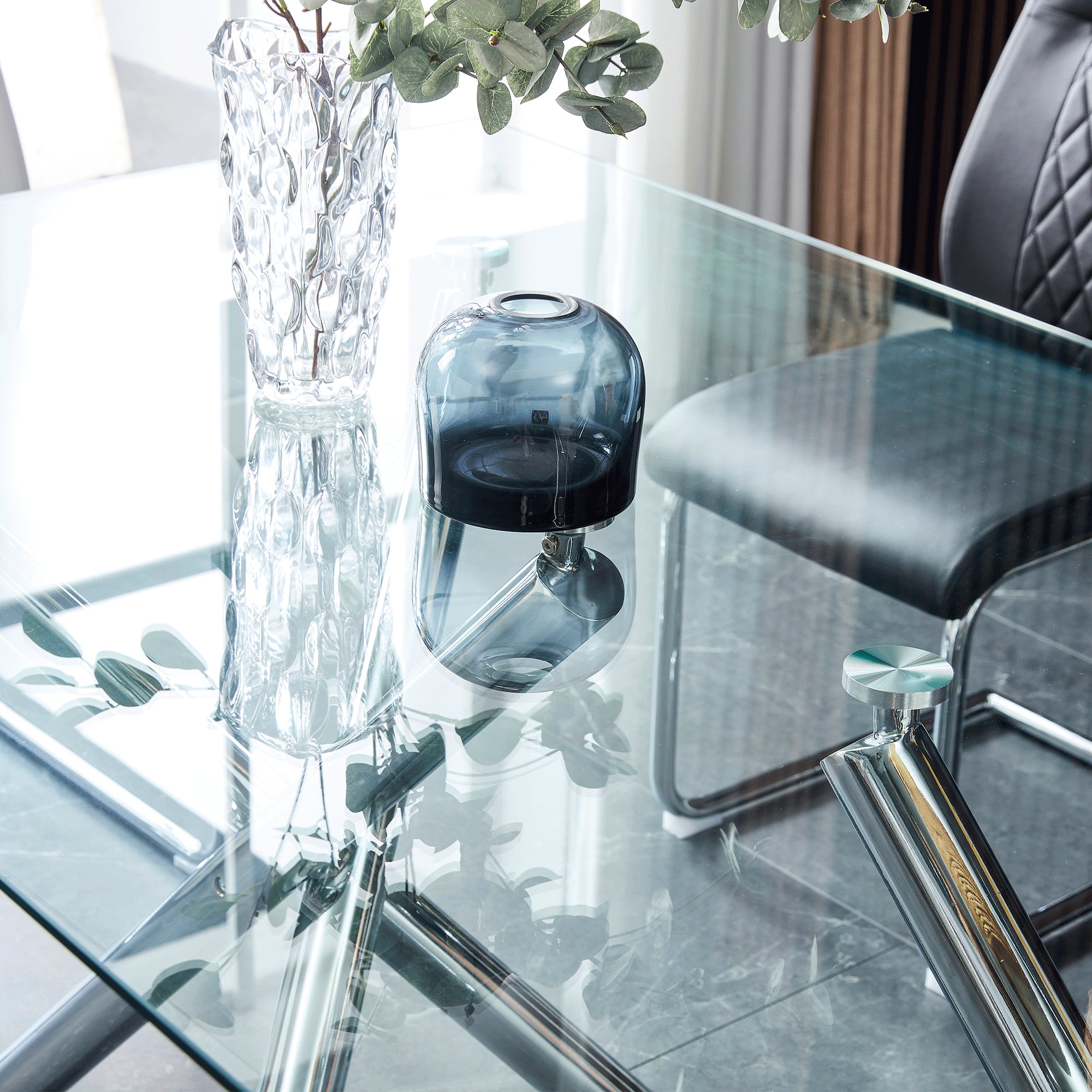 6-8 Seater Modern Kitchen Dining Table Rectangular Glass Table Top with Silver Metal Legs_20