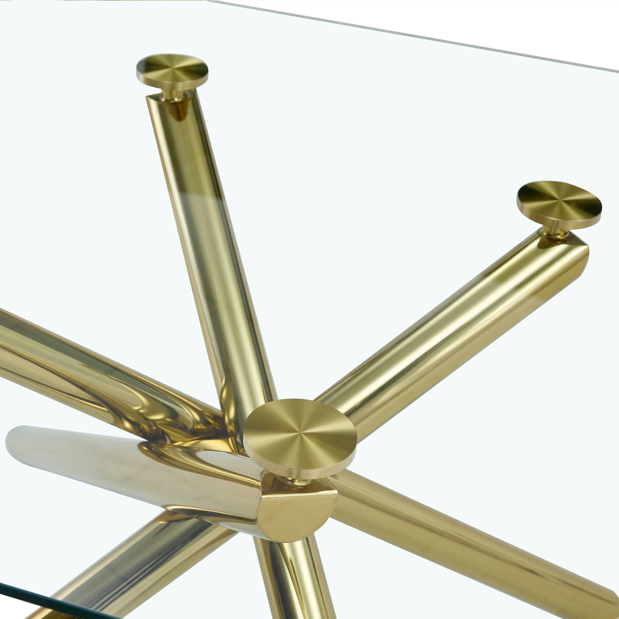 6-8 Seater Modern Rectangular Tempered Glass Table Top with Golden Plated Single Legs_7