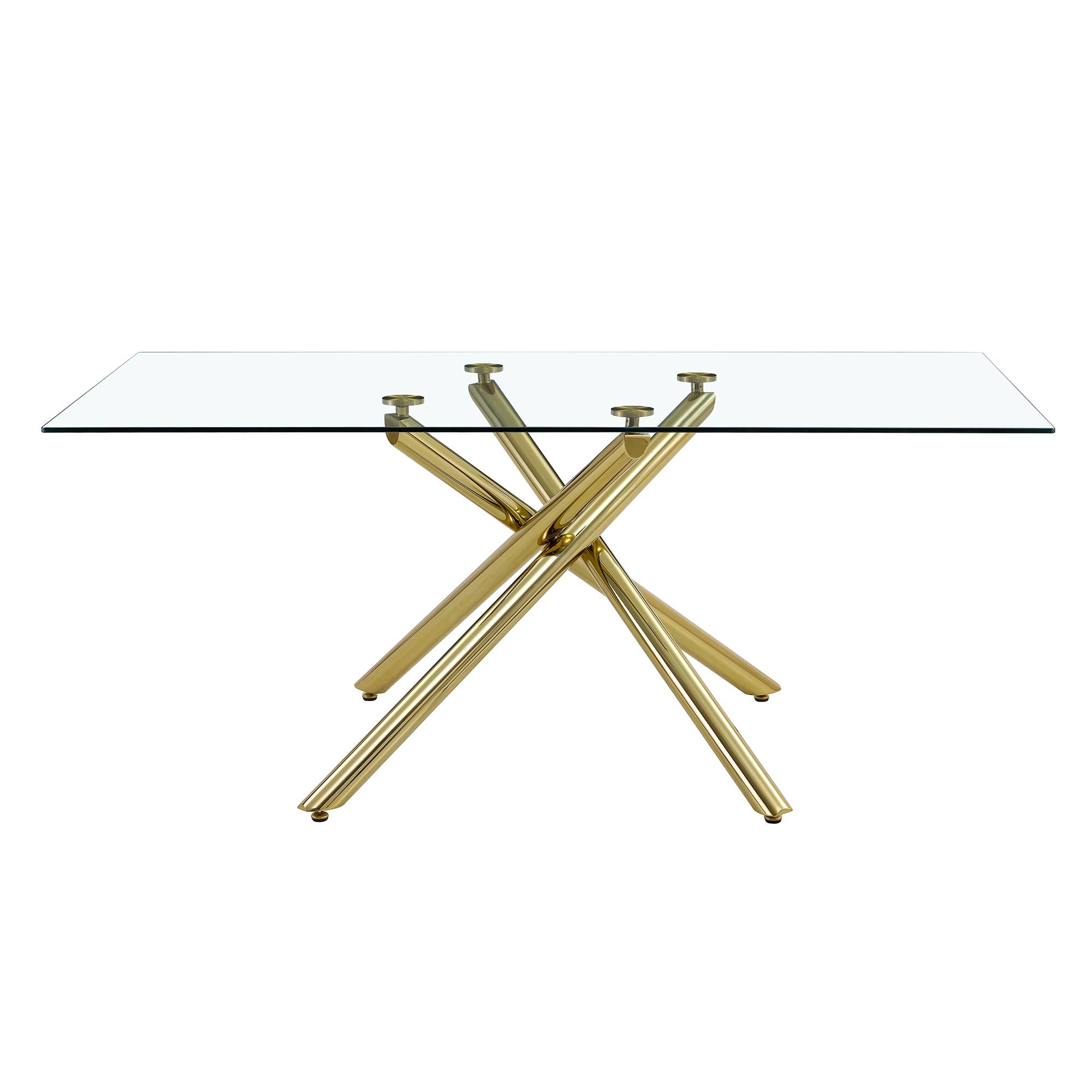 6-8 Seater Modern Rectangular Tempered Glass Table Top with Golden Plated Single Legs_10