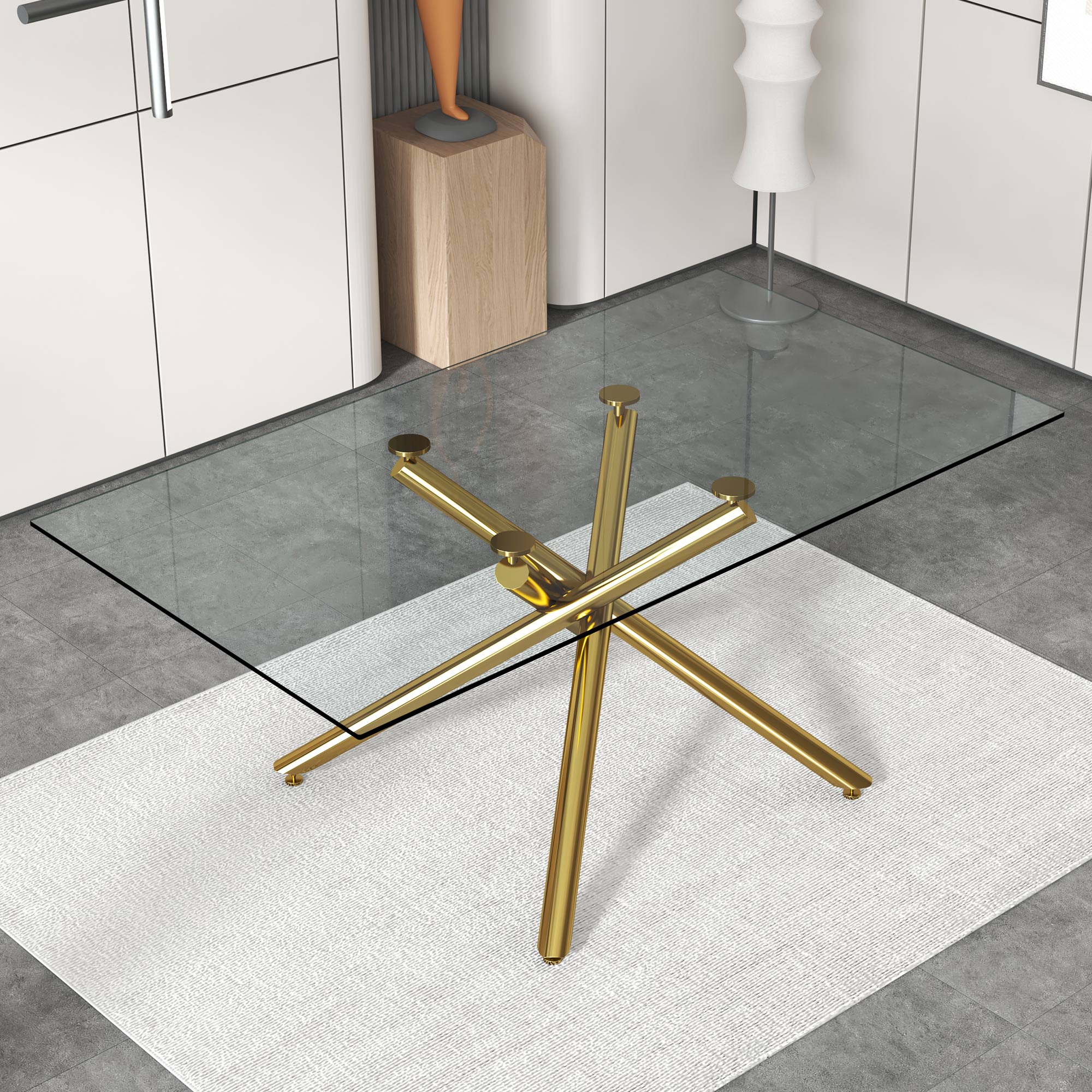 6-8 Seater Modern Rectangular Tempered Glass Table Top with Golden Plated Single Legs_4