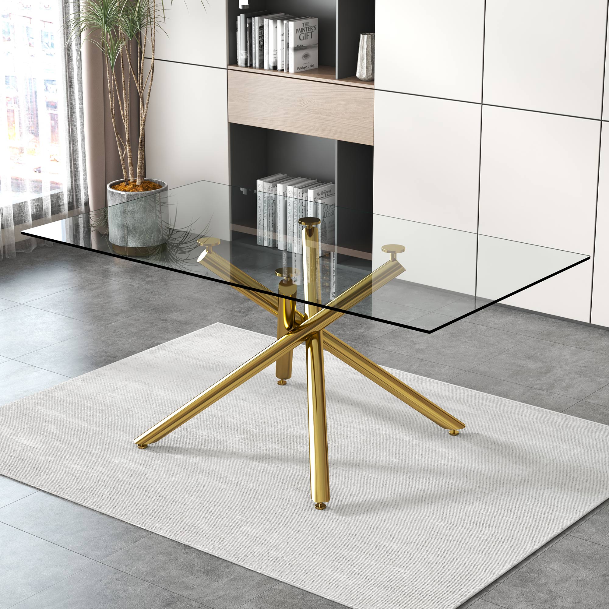 6-8 Seater Modern Rectangular Tempered Glass Table Top with Golden Plated Single Legs_3